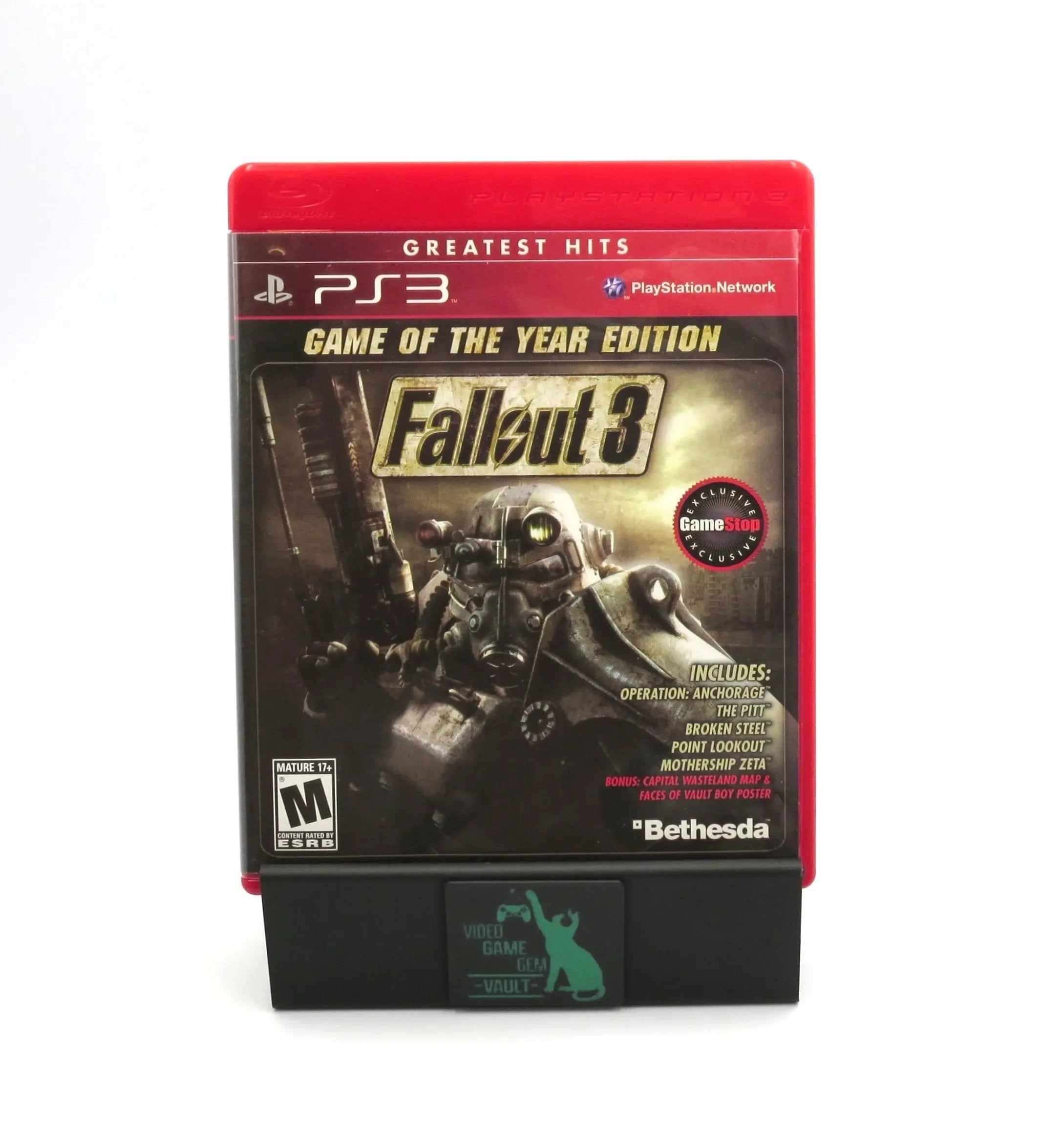 Front case view of OEM artwork cover case for 'Fallout 3' Game of the year edition G.OT.Y.E Greatest Hits Complete in box for the Sony PlayStation 3 on a white background. Game Stop Exclusive sticker to the front artwork. Game title text, rating, case color red, publisher text, and more and game text are visually clear.