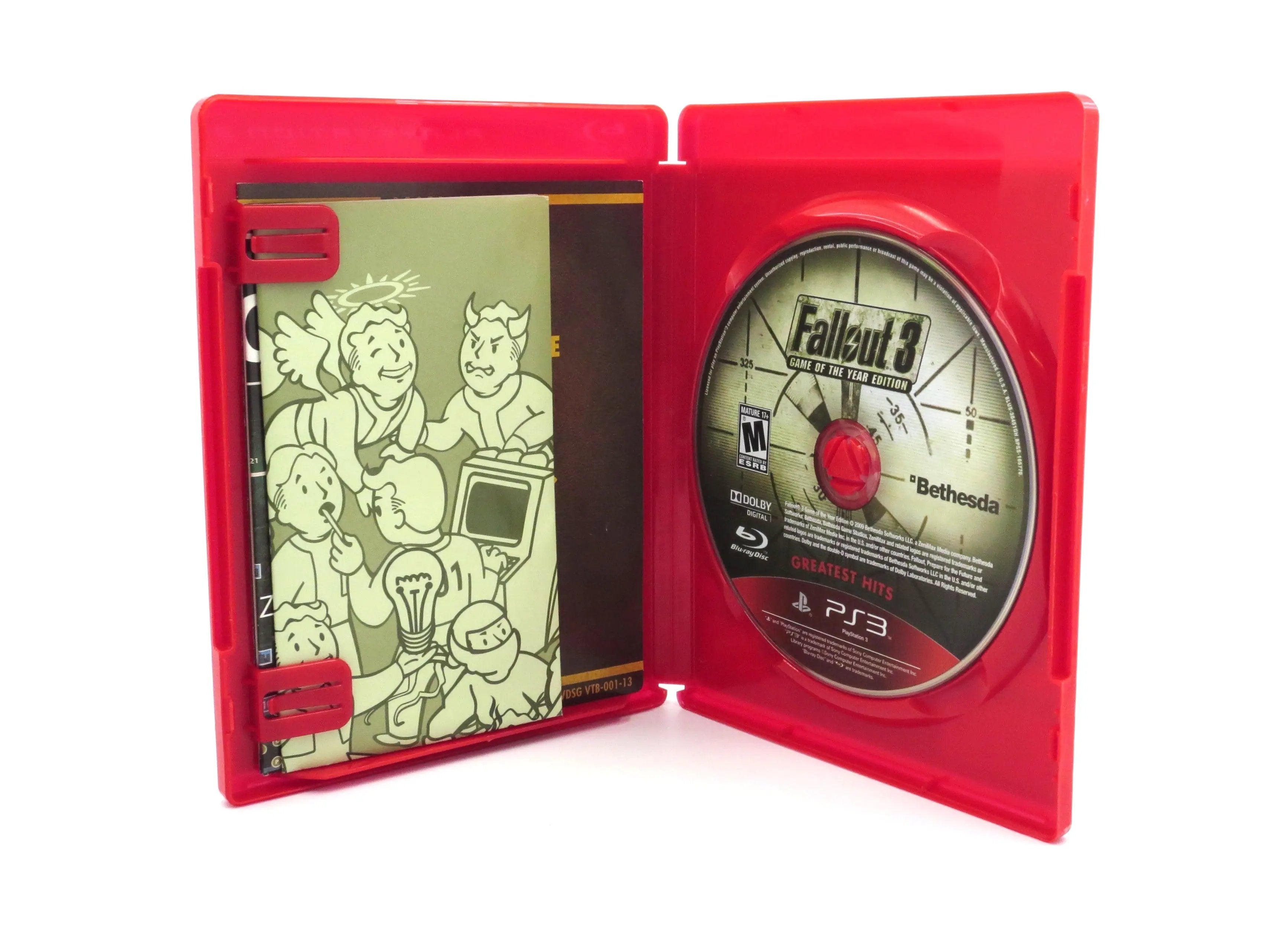 Open case view of Game disc, inserts. and case for 'Fallout 3' Game of the year edition G.OT.Y.E Greatest Hits Complete in box for the Sony PlayStation 3 on a white background. Bethesda NTSC-U tested and working game.