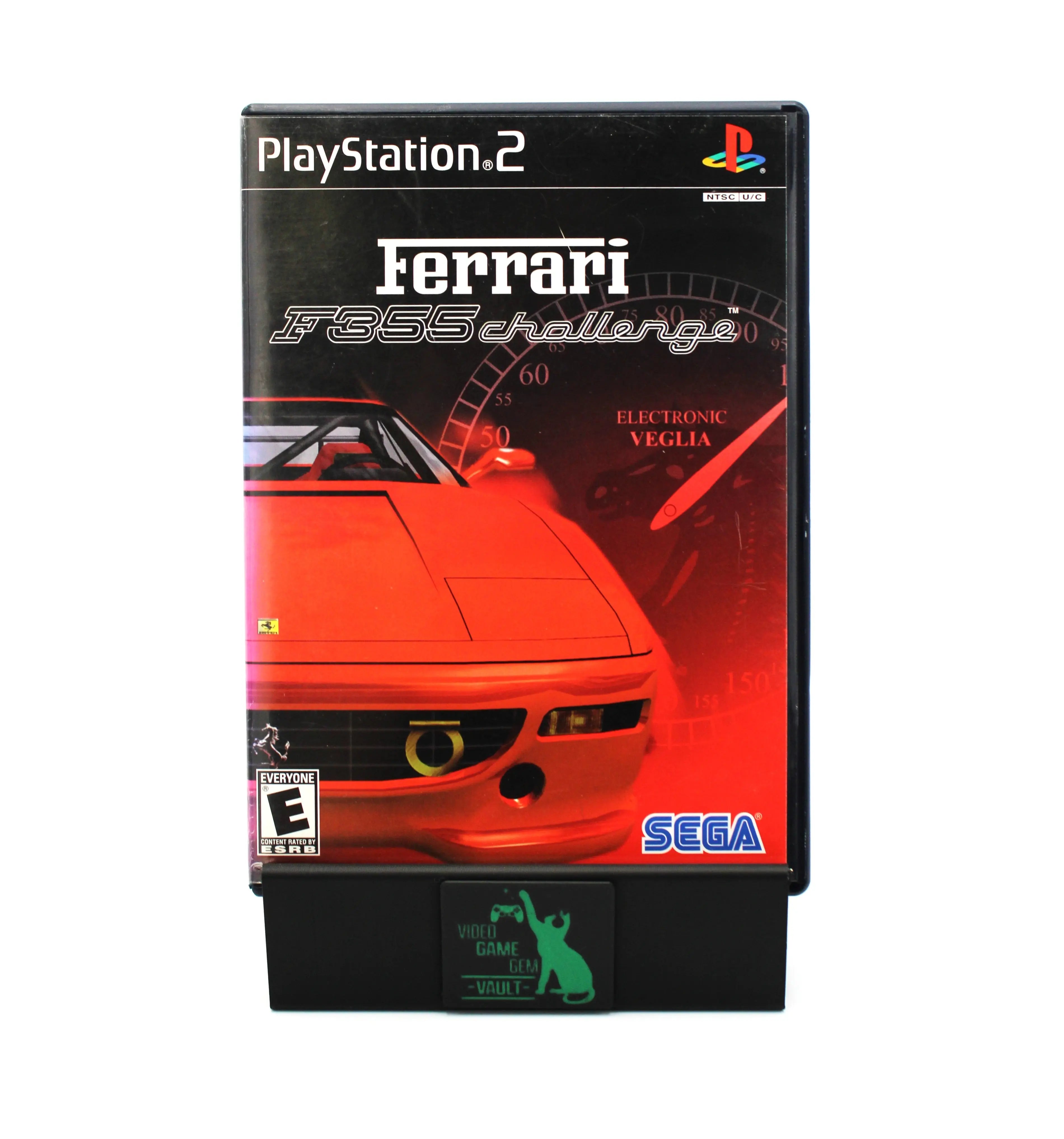 Front cover image of Ferrari F355 Challenge for Sony PlayStation 2 PS2 – CIB with Manual (2002) NTSC-U. Features the red Ferrari dashboard design and SEGA branding.