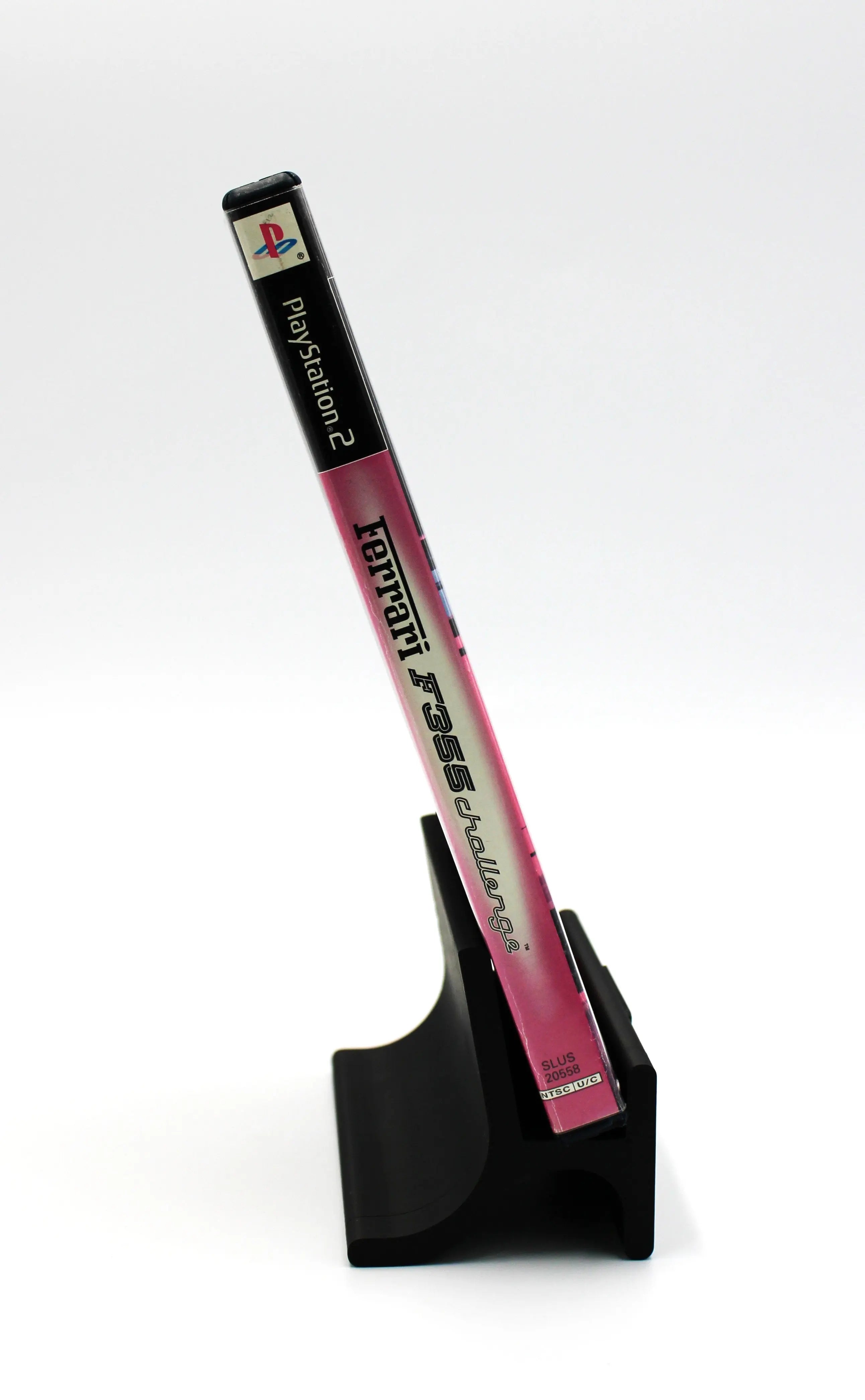 Spine view of Ferrari F355 Challenge for Sony PlayStation 2 PS2 – CIB with Manual (2002) NTSC-U. Includes title logo, PlayStation 2 branding, SLUS-20558, and NTSC-U region indicator.