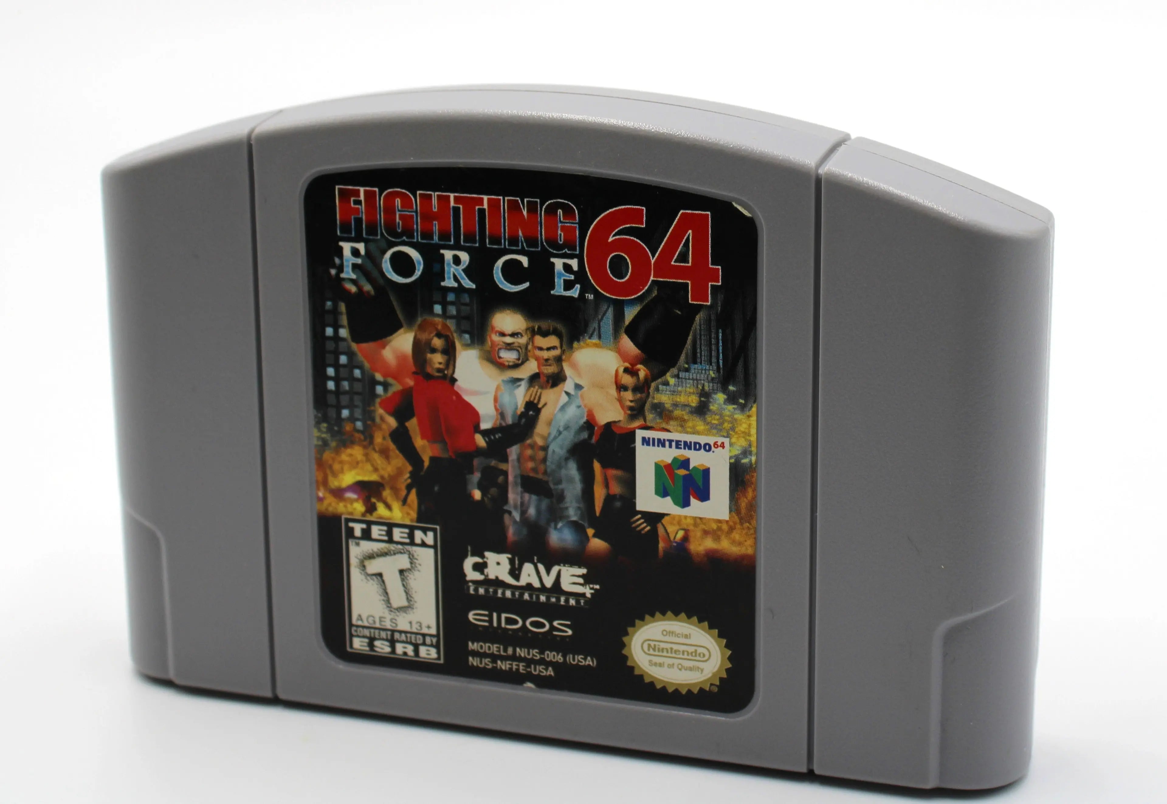 Front angled side Cartridge view of NTSC-U copy of Fighting Force 64 for Nintendo 64, N64. (1999) See picture of minor peel to top right of front label.