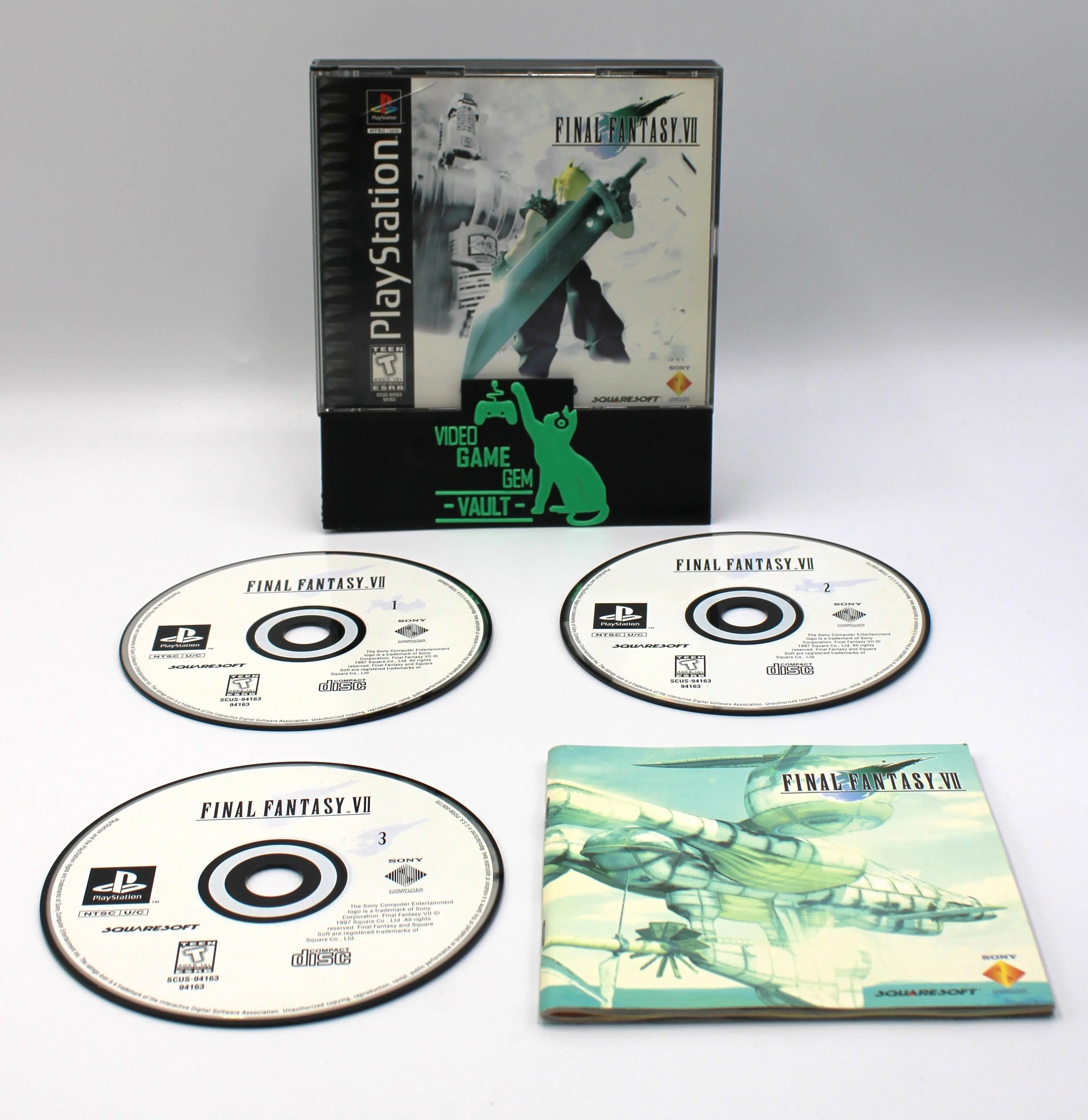Final Fantasy VII Misprint Variant on Sony PlayStation 1, PS1. CIB black label. See picture of OEM case, cover, three game discs, and manual.