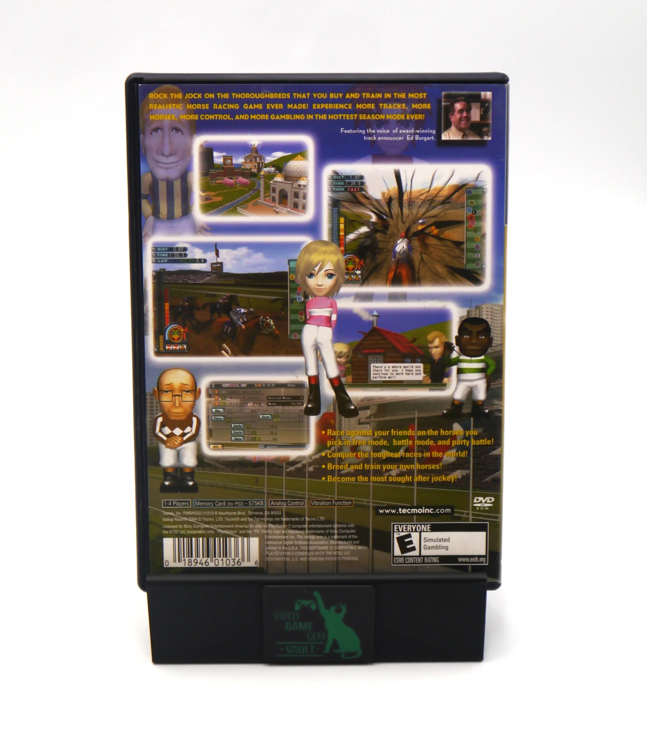 Back cover view of Gallop Racer 2004 for Sony PlayStation 2 – NTSC-U (2004), complete in box, showing gameplay screenshots, character artwork, E for Everyone ESRB rating, and feature highlights including multiplayer modes and horse training options.