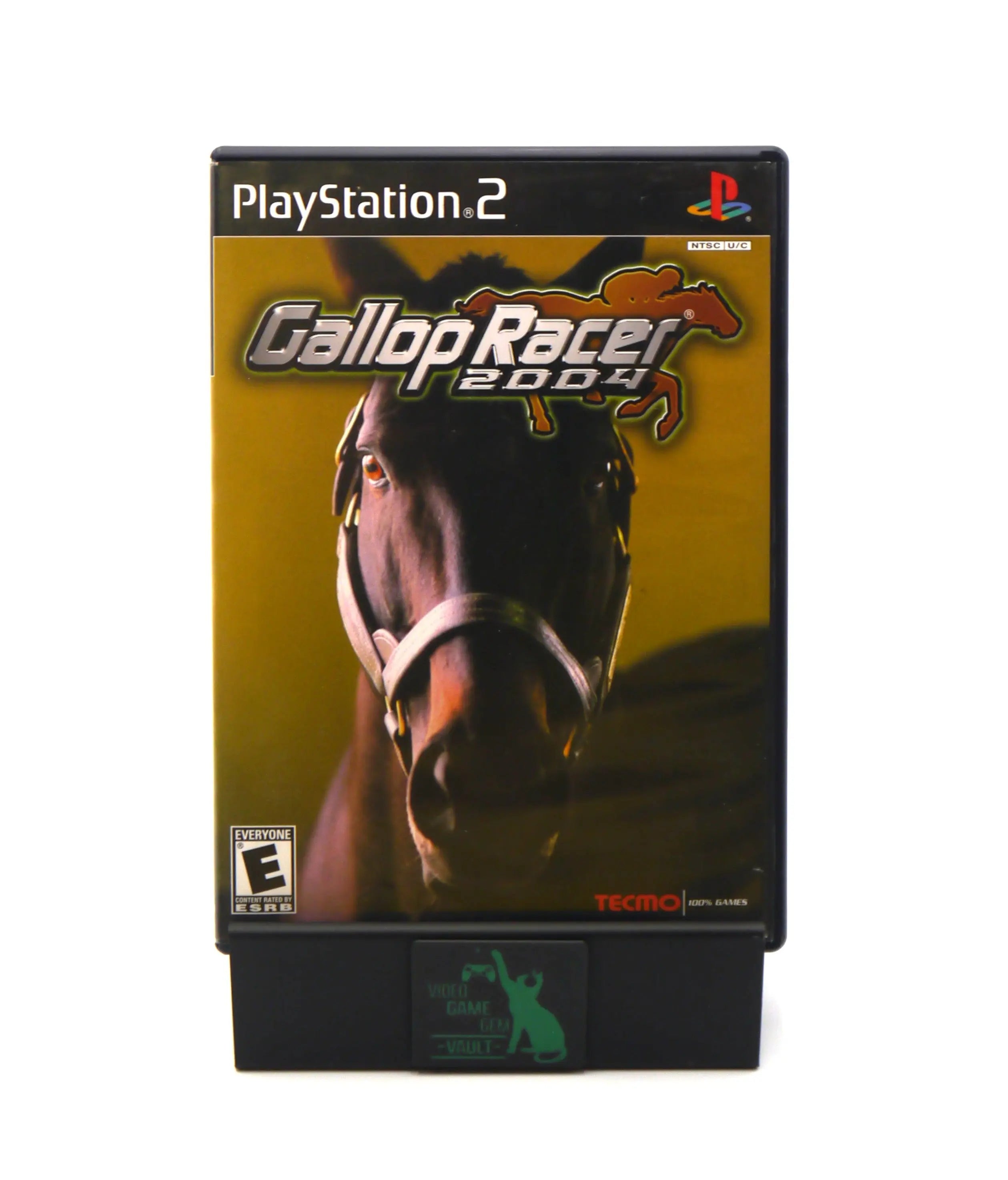 Front cover view of Gallop Racer 2004 for Sony PlayStation 2 – NTSC-U (2004), complete in box, featuring a close-up of a racehorse’s face with the game title and Tecmo logo.