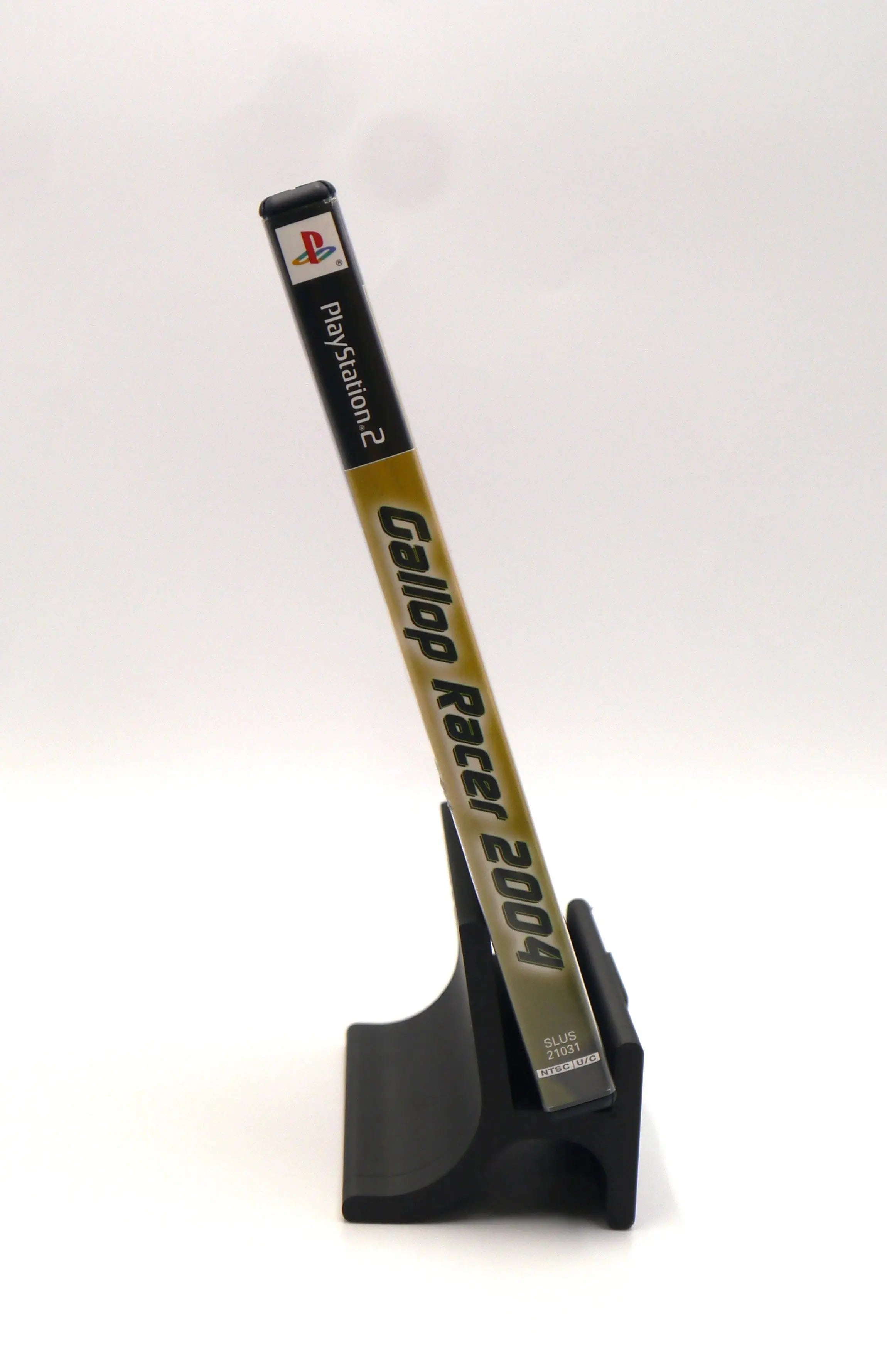 Side spine view of Gallop Racer 2004 for Sony PlayStation 2 – NTSC-U (2004), complete in box, with bold title text, PlayStation 2 branding, and SLUS product code.