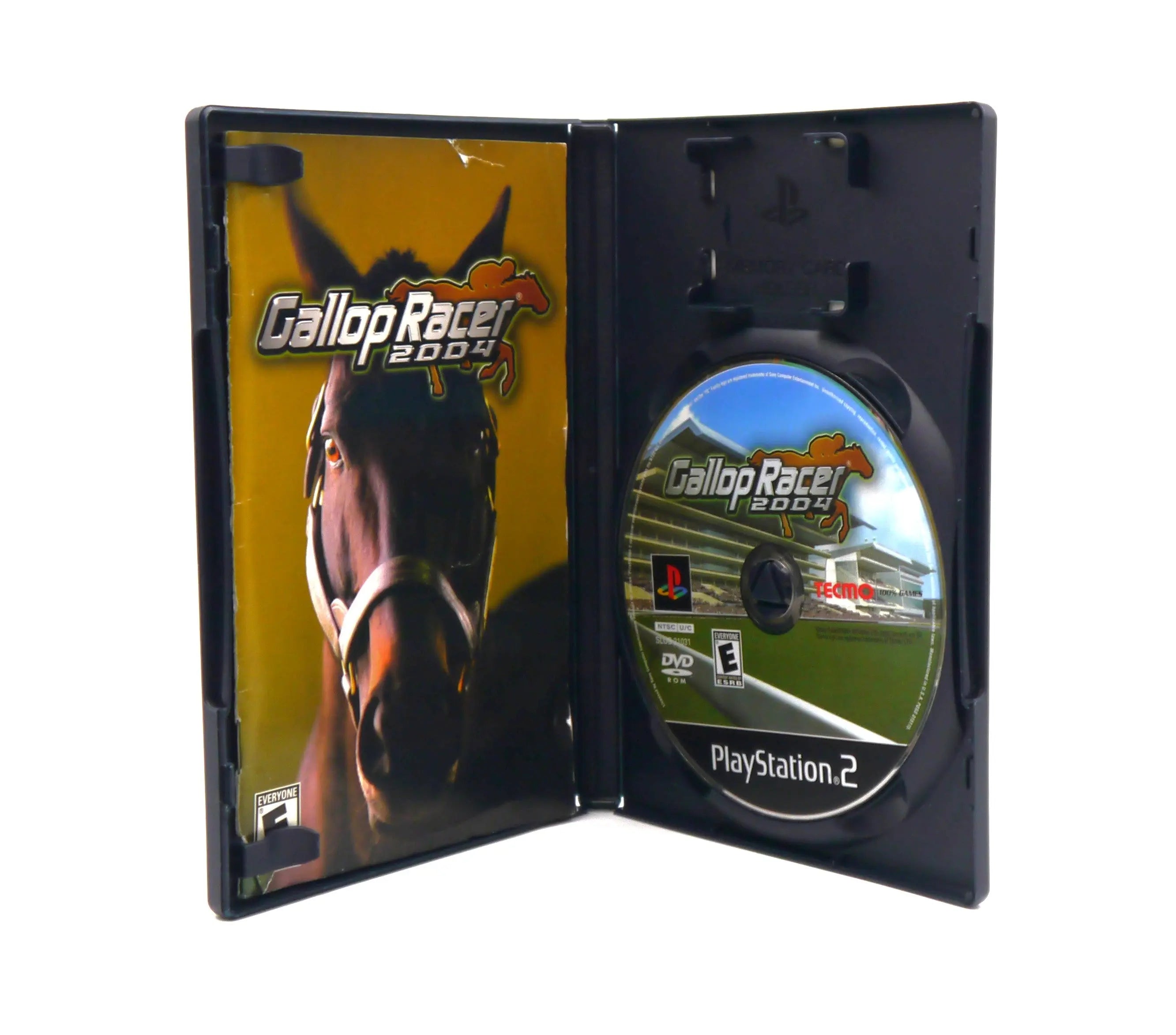 Inside view of Gallop Racer 2004 for Sony PlayStation 2 – NTSC-U (2004), complete in box, showing game disc on the right and instruction manual on the left.