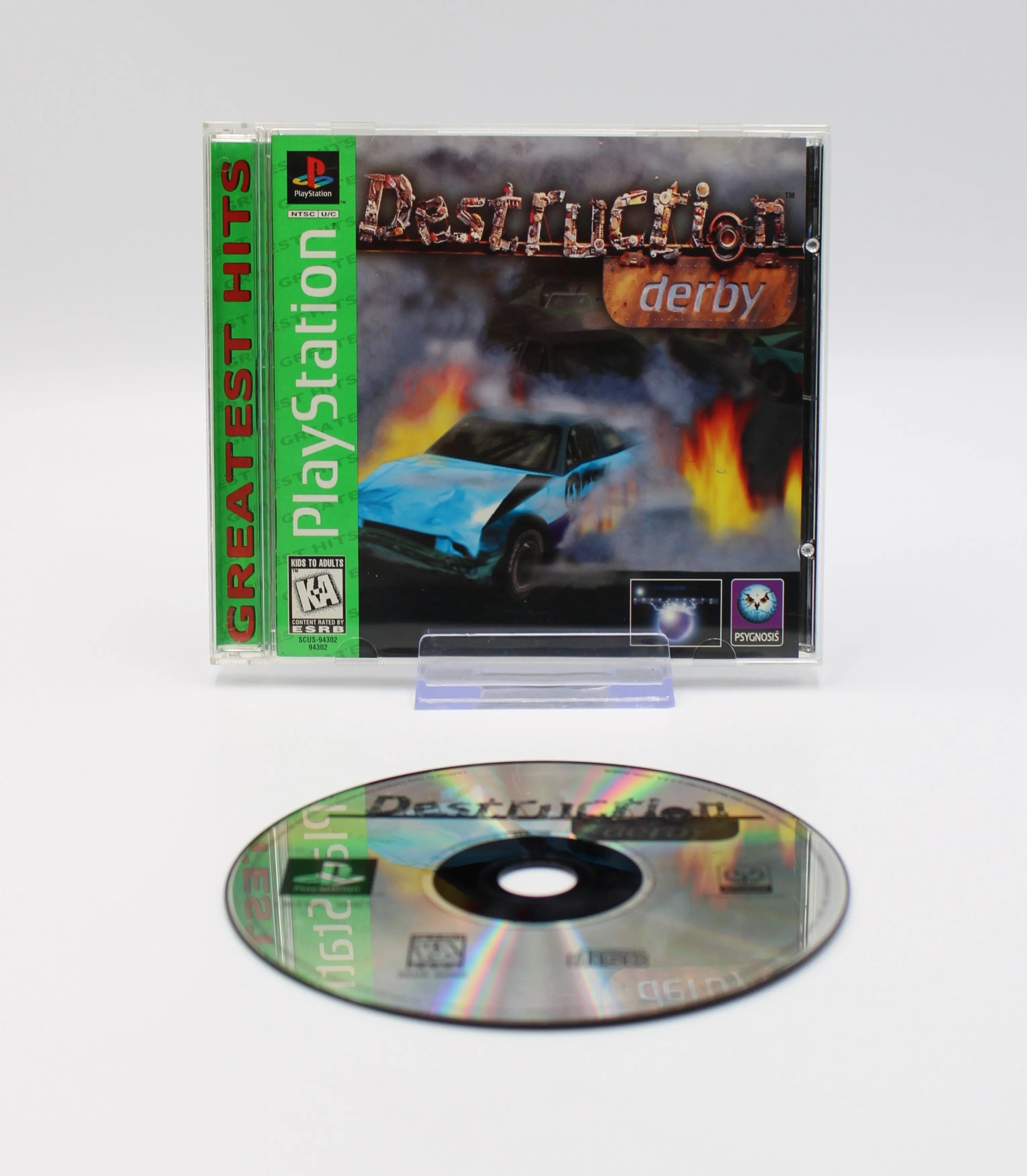 Main display of Destruction Derby for Sony PlayStation 1 PS1 NTSC-U Greatest Hits Edition, showing complete game set with case, manual, and game disc.