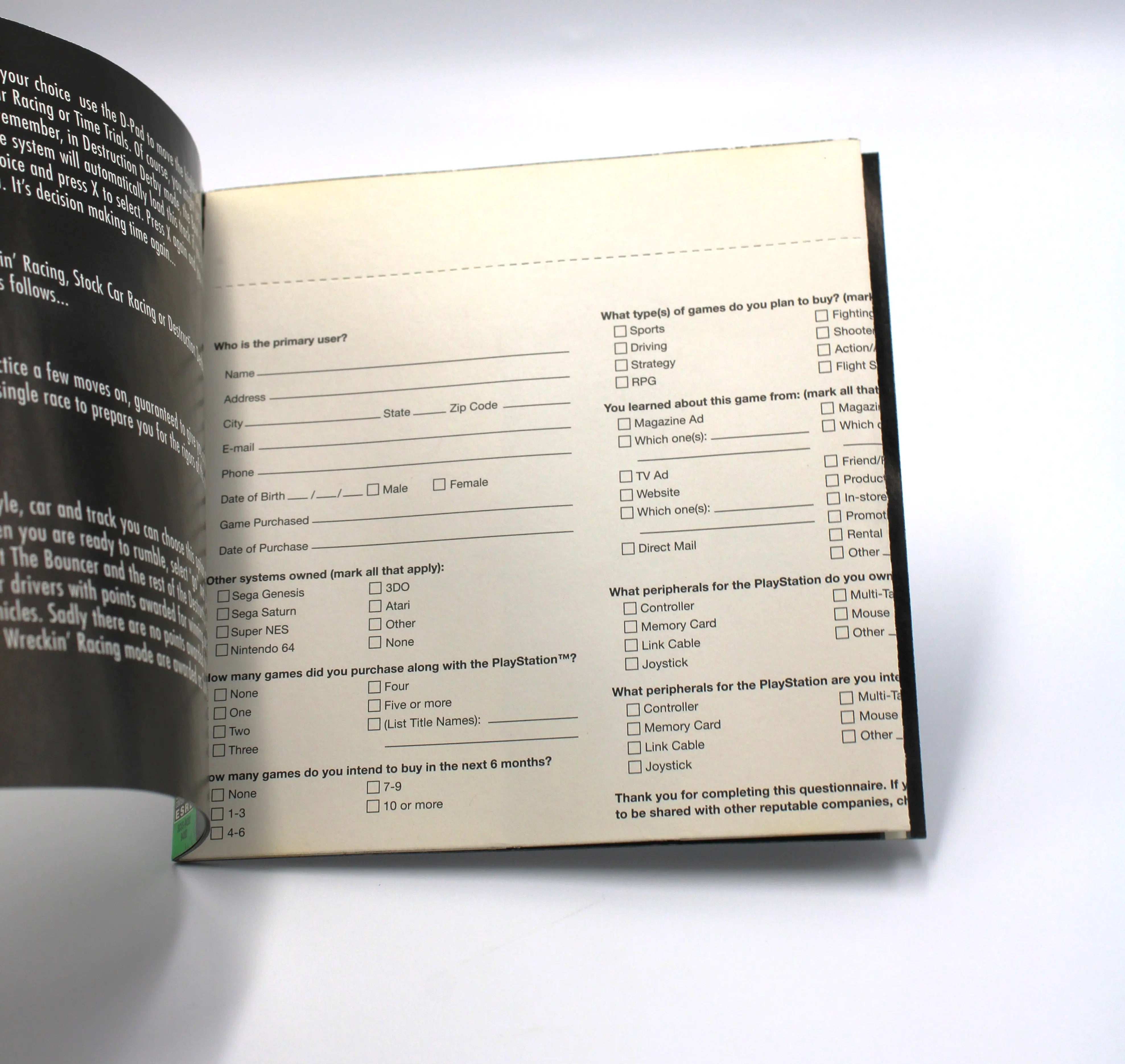 For sale is Destruction Derby Greatest Hits Variant for Sony PlayStation 1. See picture of left side of registration card attached to manual.