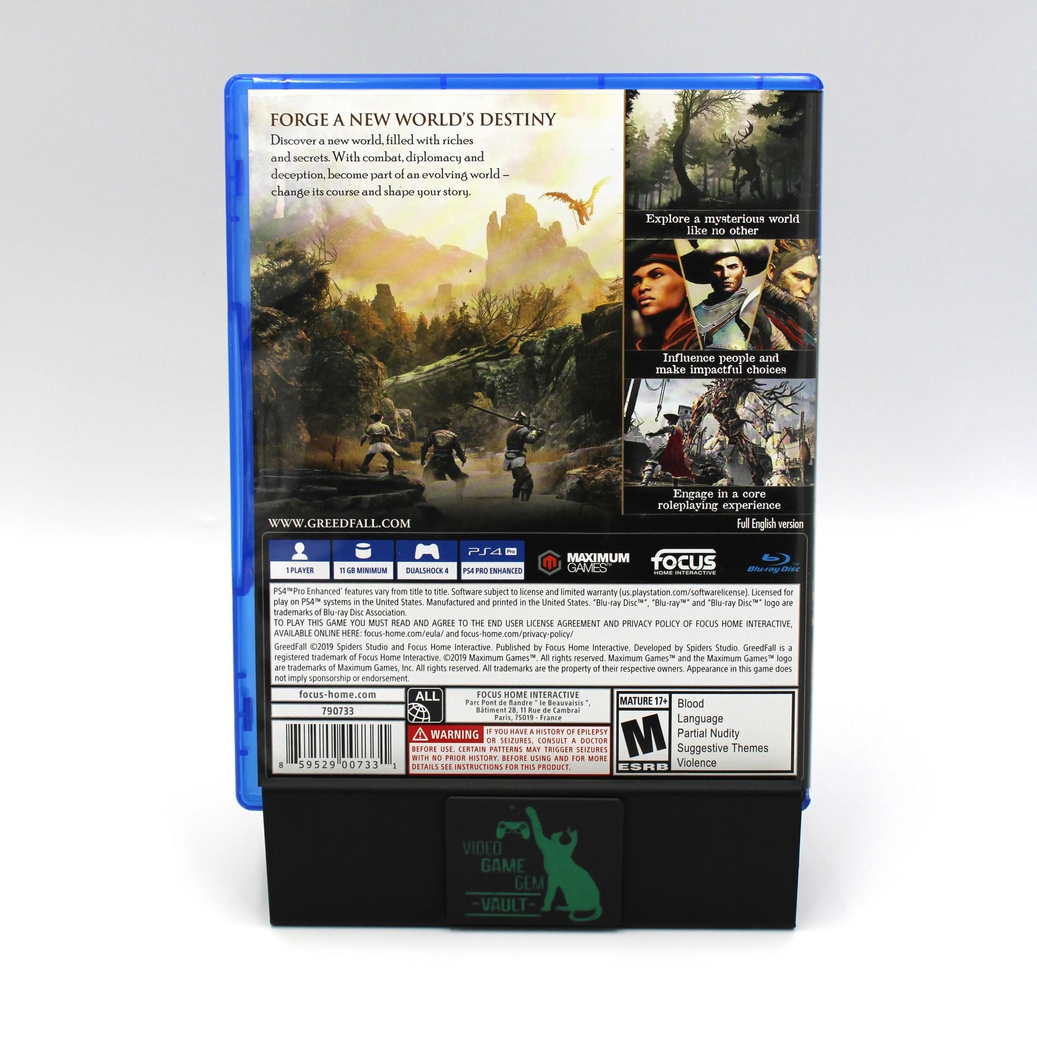 Back cover of Greedfall for Sony PlayStation 4 PS4 (2019) NTSC‑U, showing gameplay screenshots, story synopsis, and system requirements.