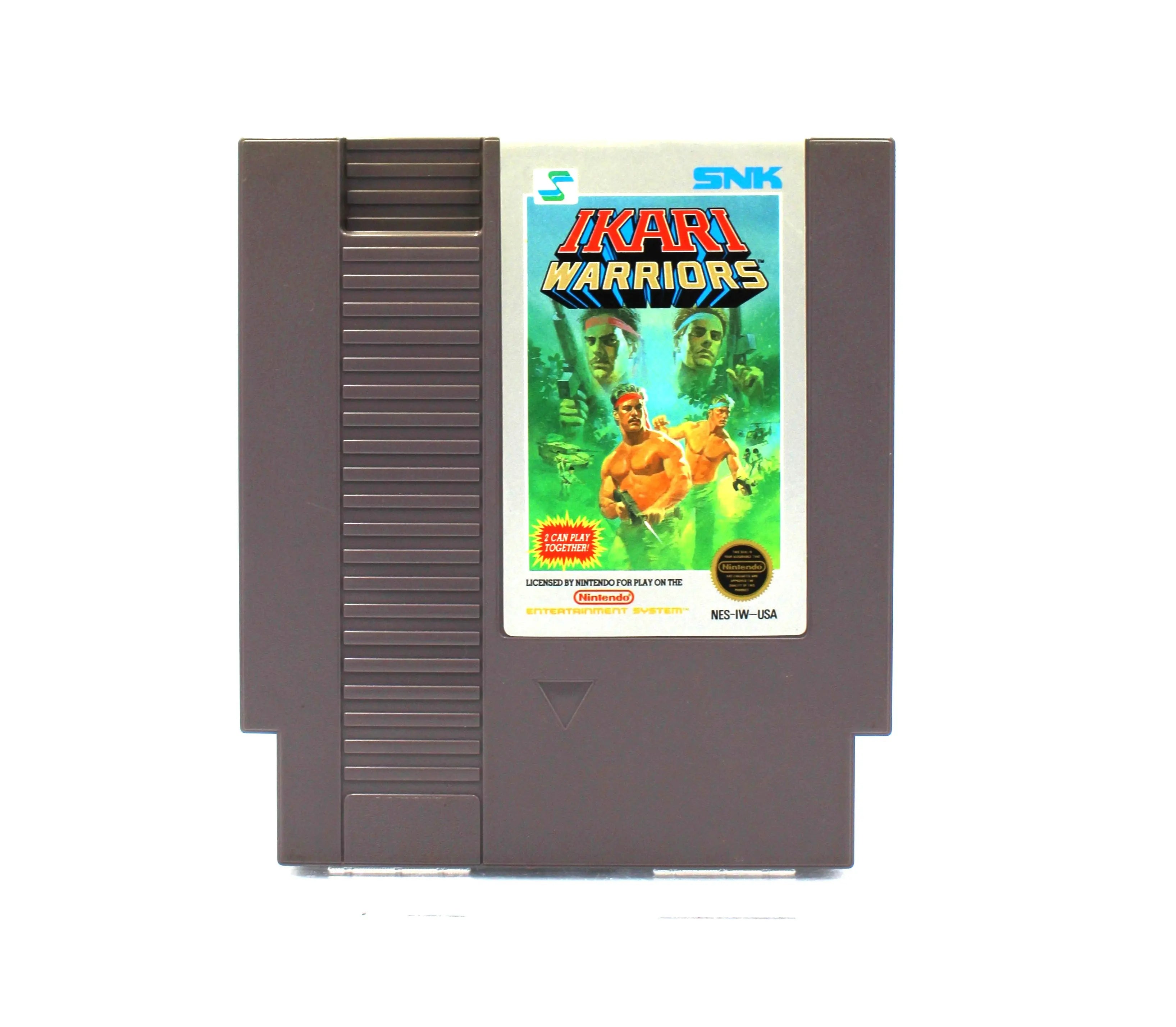 Front view of Ikari Warriors for Nintendo NES – Authentic Game Cartridge (1987), showing the original label art, game characters, “5‑Screw” shell design, and embossed “Nintendo” logo on a clean white background.