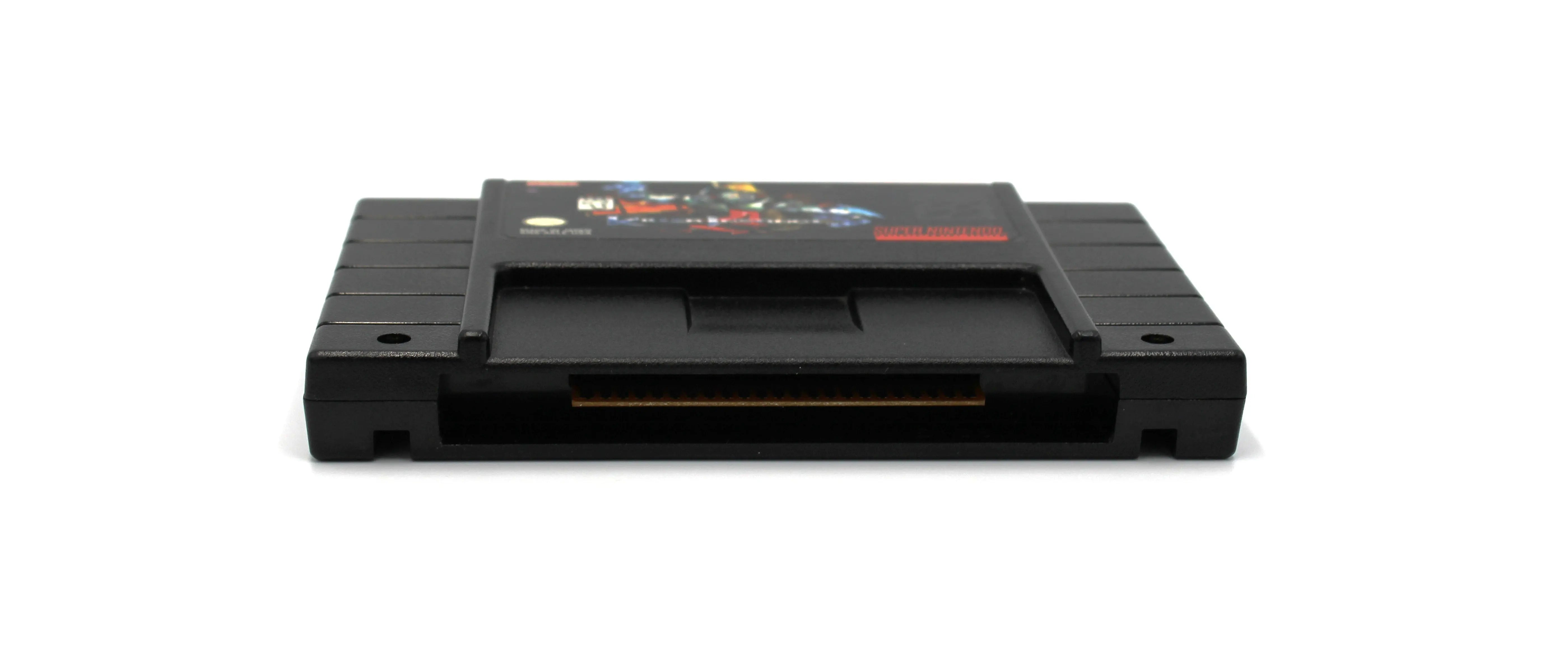 Bottom edge view of Killer Instinct for Super Nintendo SNES – Authentic Game Cartridge (1995), showing the straight, evenly spaced gold connector pins flush with the shell.