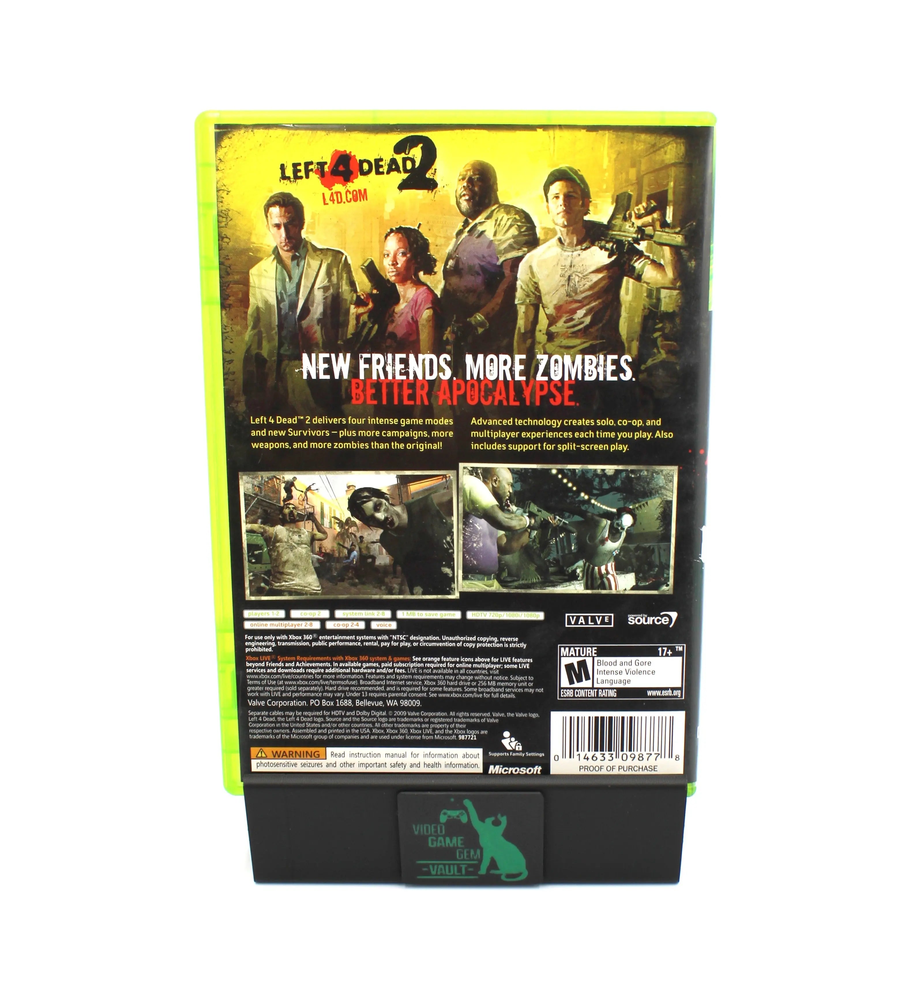 Back cover image of Left 4 Dead 2 for Microsoft Xbox 360 NTSC-U (2009) OEM black label CIB. Full view of game summary, features, and screenshots on a white background.