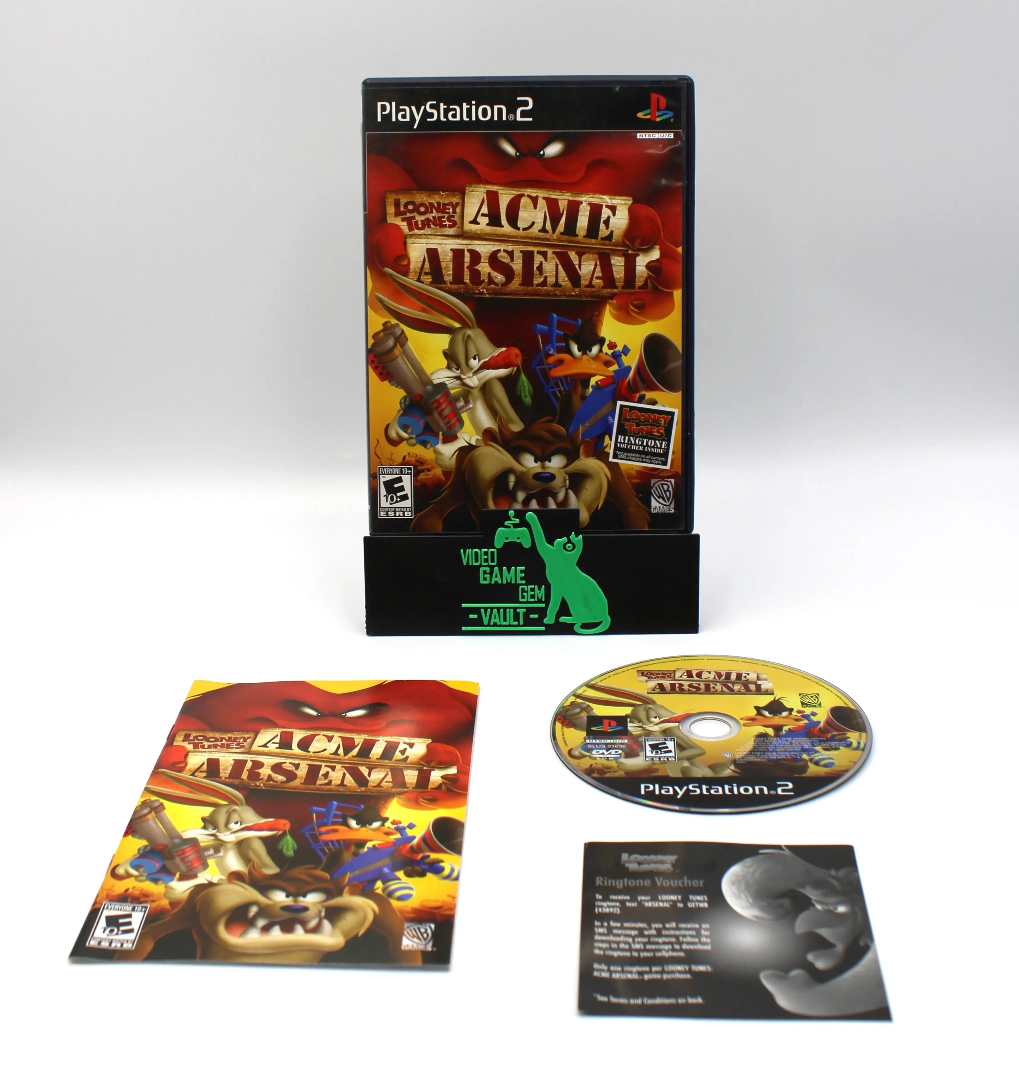 Main display image of Looney Tunes: Acme Arsenal for Sony PlayStation 2 PS2 (2007), showing case, manual, game disc, and ringtone voucher, NTSC-U edition.