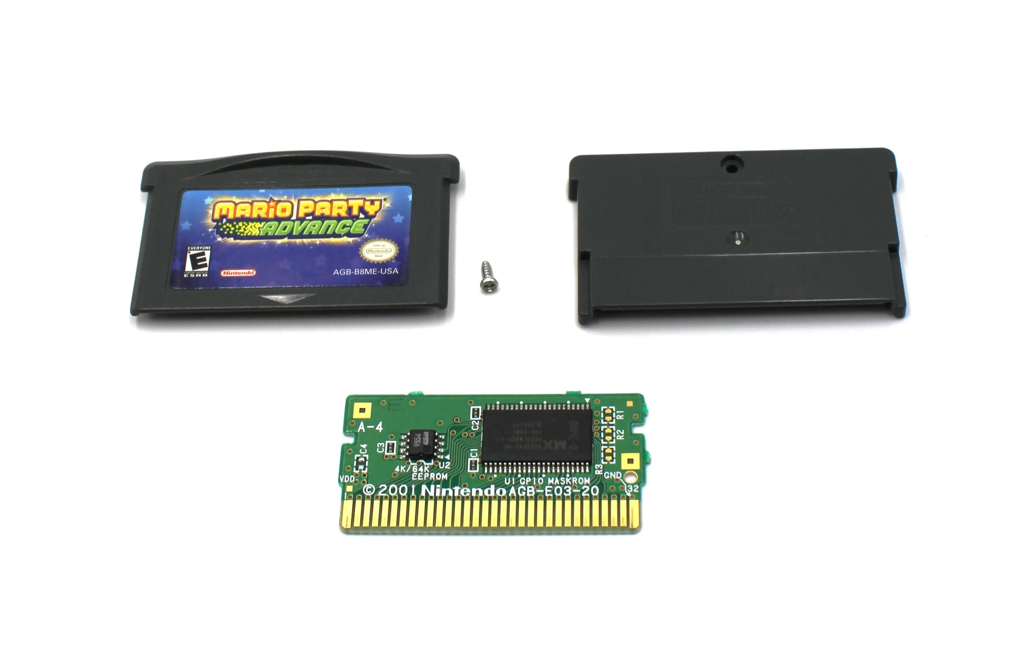 Disassembled view of authentic copy of NTSC-U Mario Party Advance for the Nintendo Game Boy Advance, GBA. See picture of the disassembled game with authentic board, front and back shell, and  security screw.