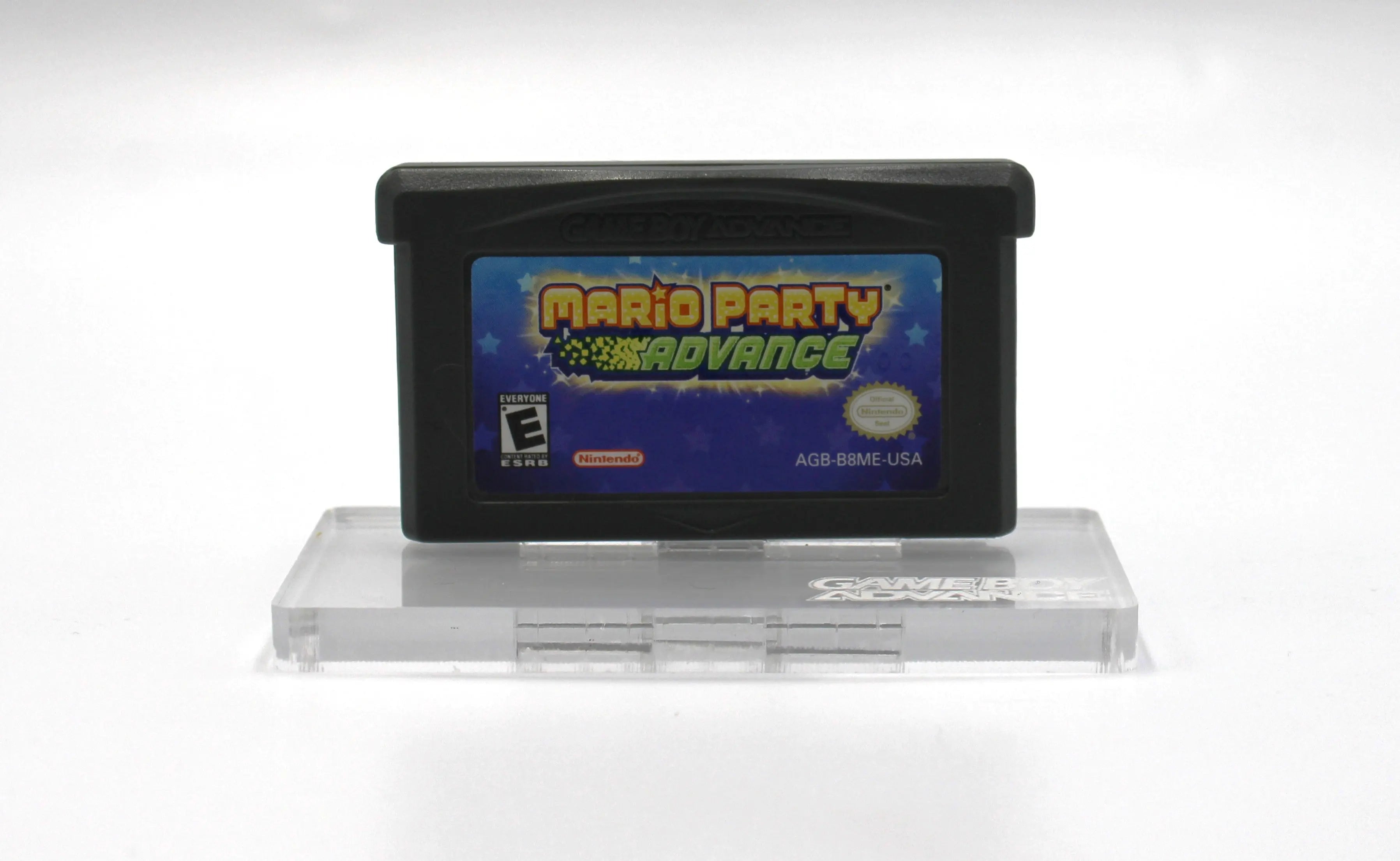 Front view of authentic copy of NTSC-U Mario Party Advance for the Nintendo Game Boy Advance, GBA. Original video game label intact with Nintendo Product Code reading accurate and Seal of Quality,