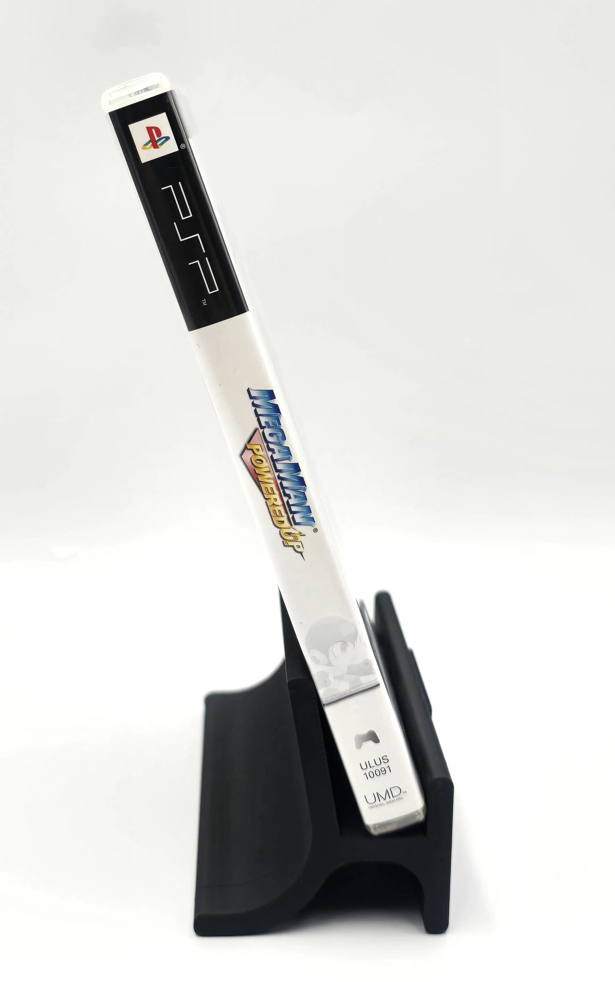 Spine view of Mega Man Powered Up for Sony PlayStation Portable PSP (2006) NTSC-U, with PSP logo, title, and ULUS-10091 code.