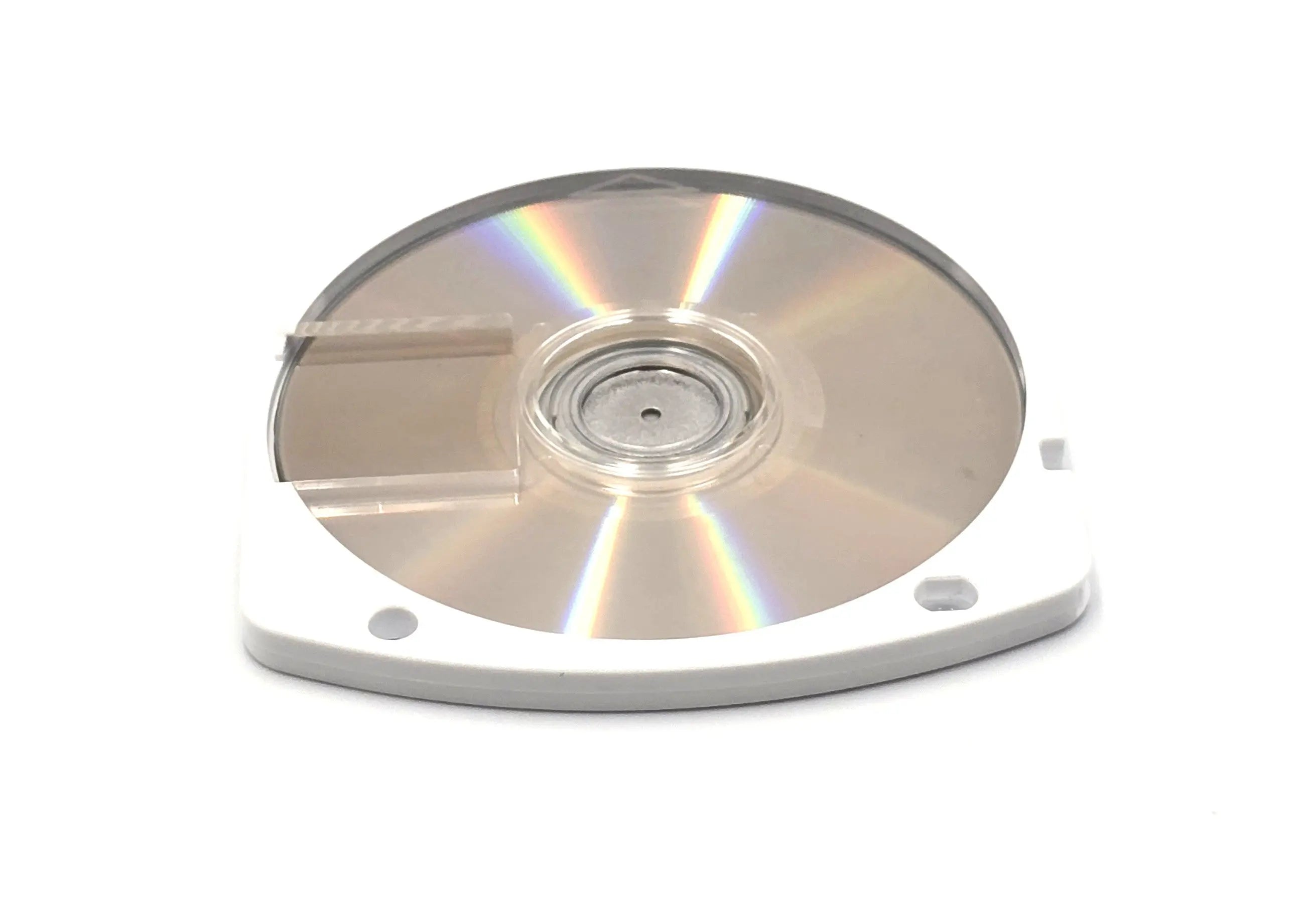 Back view of authentic UMD disc for Mega Man Powered Up for Sony PlayStation Portable PSP (2006) NTSC-U, showing reflective data surface.