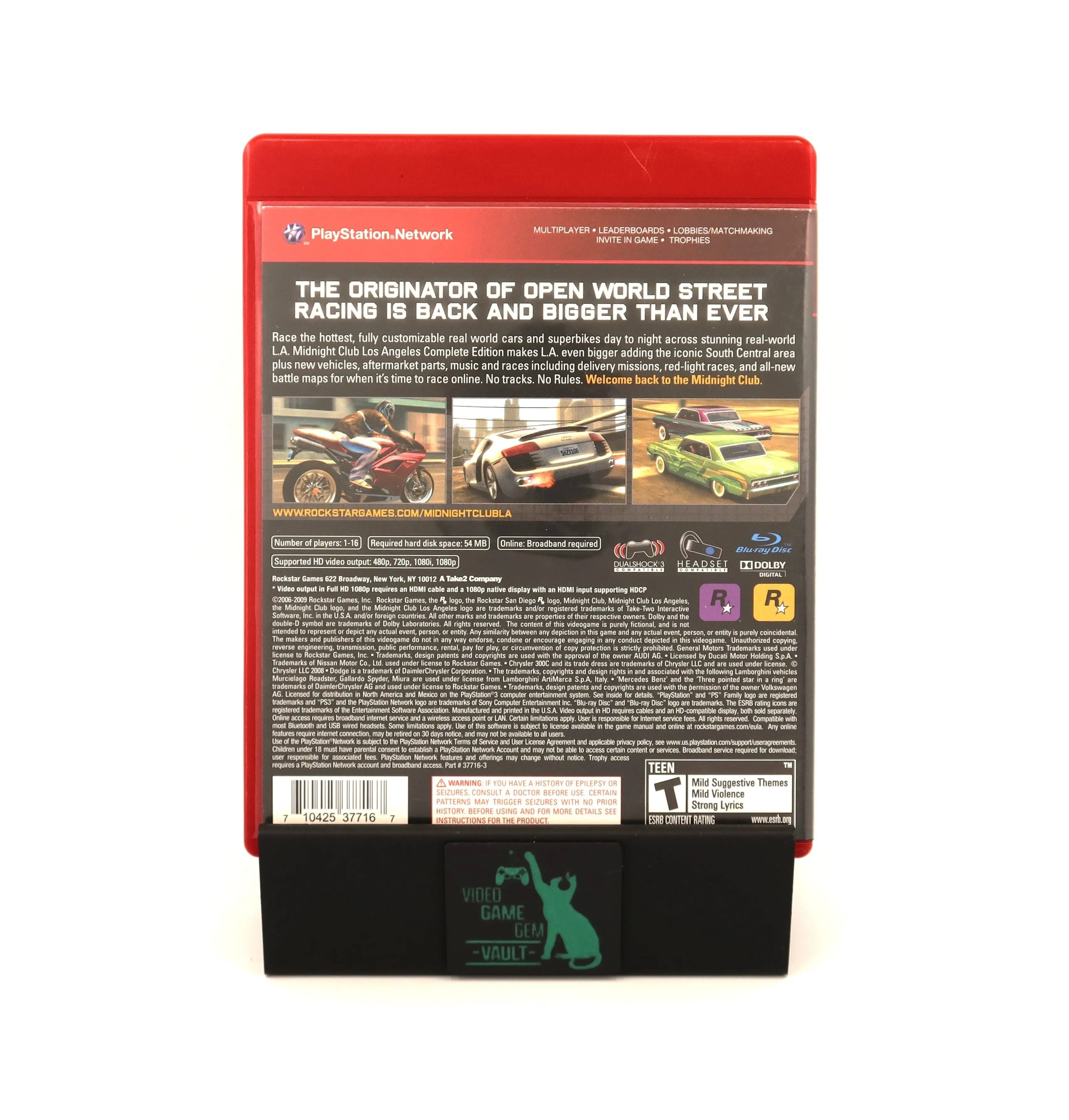 View of back artwork on case of a complete in box copy of Midnight Club Los Angeles Complete Edition for the Sony PlayStation 3. Clear visuals of the original artwork seated in an OEM red Sony PS3 case. Showcasing the game story summary text with developer and publisher logos, UPC barcode, and ESRB T for Teen rating on a clean white background.