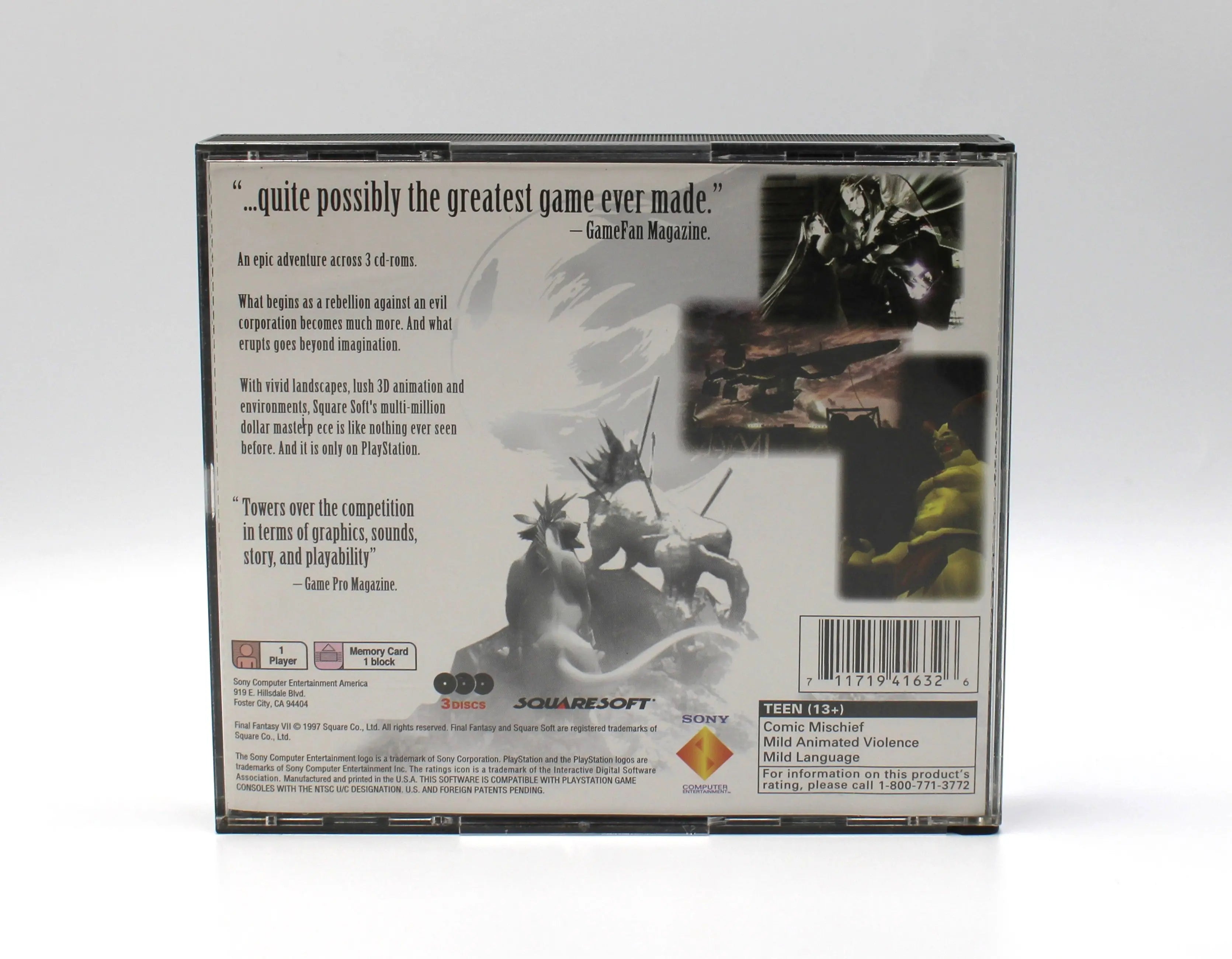 For sale is Final Fantasy VII Misprint Variant on Sony PlayStation 1, PS1. CIB black label. See picture of back of OEM case.