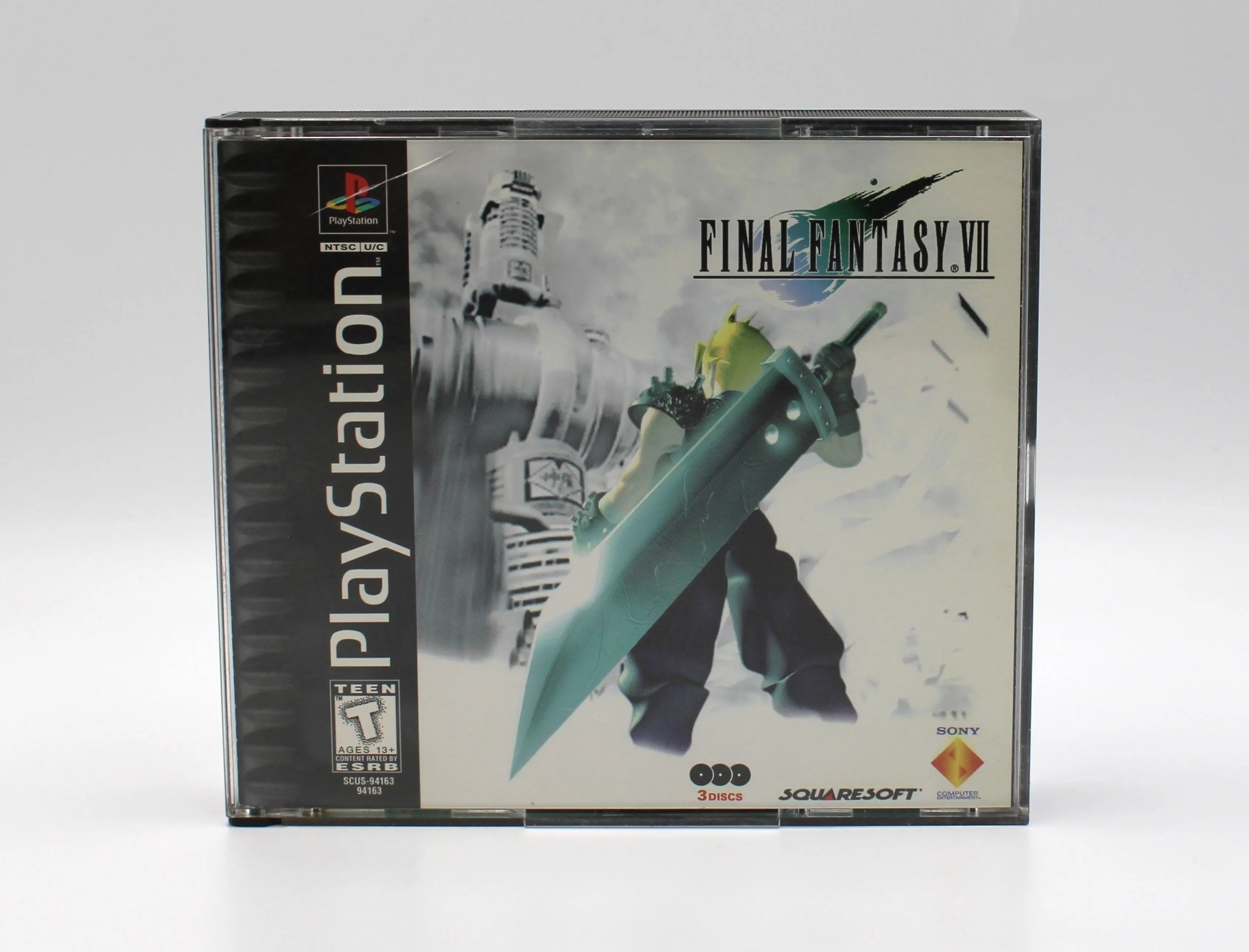 Front Case View of NTSC-U CIB copy of Fantasy VII Misprint Variant on the Sony PlayStation 1, PS1. CIB black label. See picture of front of case.