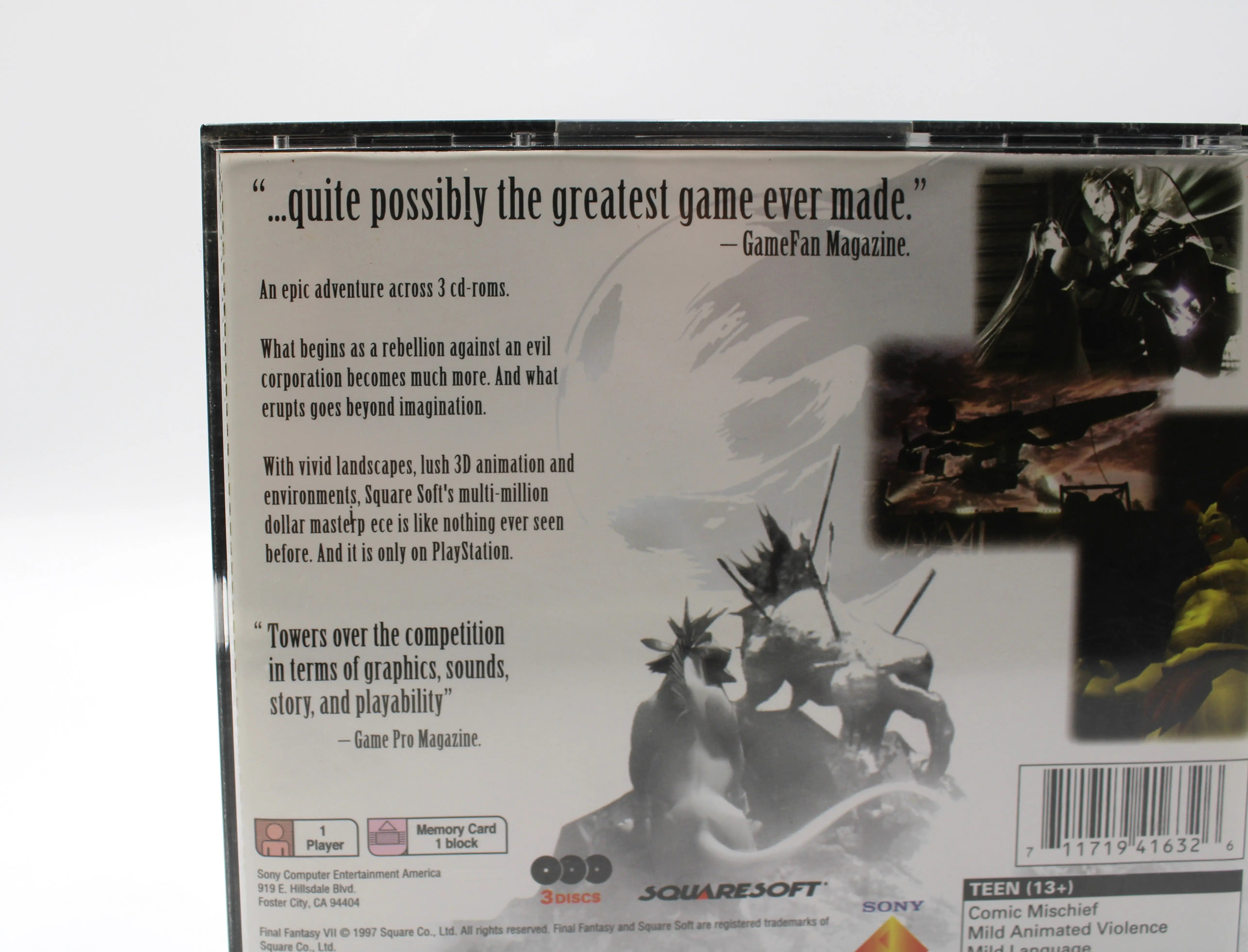 For sale is Final Fantasy VII Misprint Variant on Sony PlayStation 1, PS1. CIB black label. See picture of OEM case top left of back.
