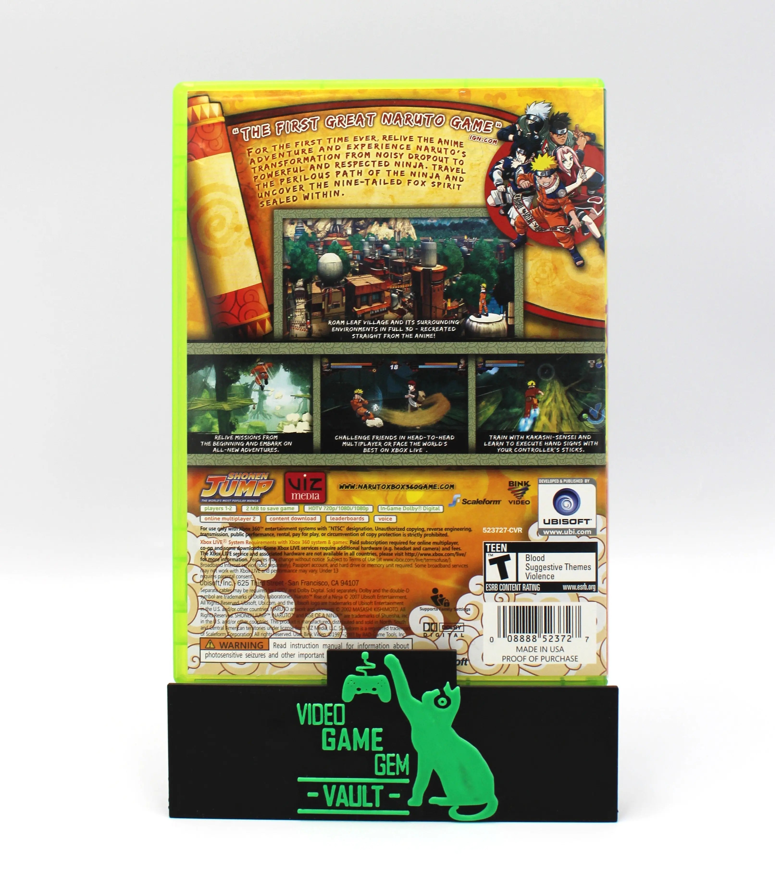 Back cover of Naruto: Rise of a Ninja for Microsoft Xbox 360 NTSC-U game case, displaying game description, features, and screenshots.