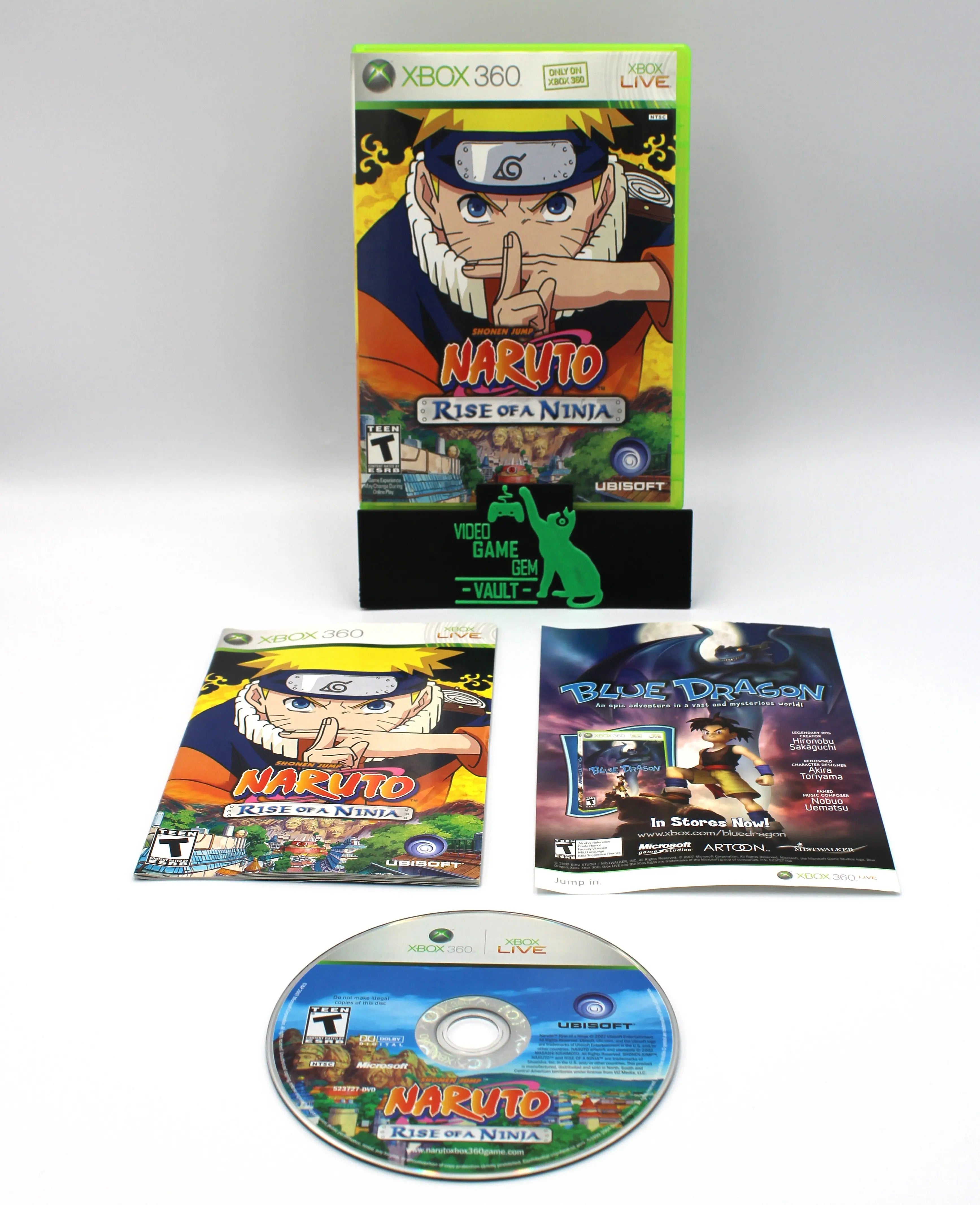 Main display of Naruto: Rise of a Ninja for Microsoft Xbox 360 NTSC-U, showing complete game set with case, manual, additional insert, and game disc.