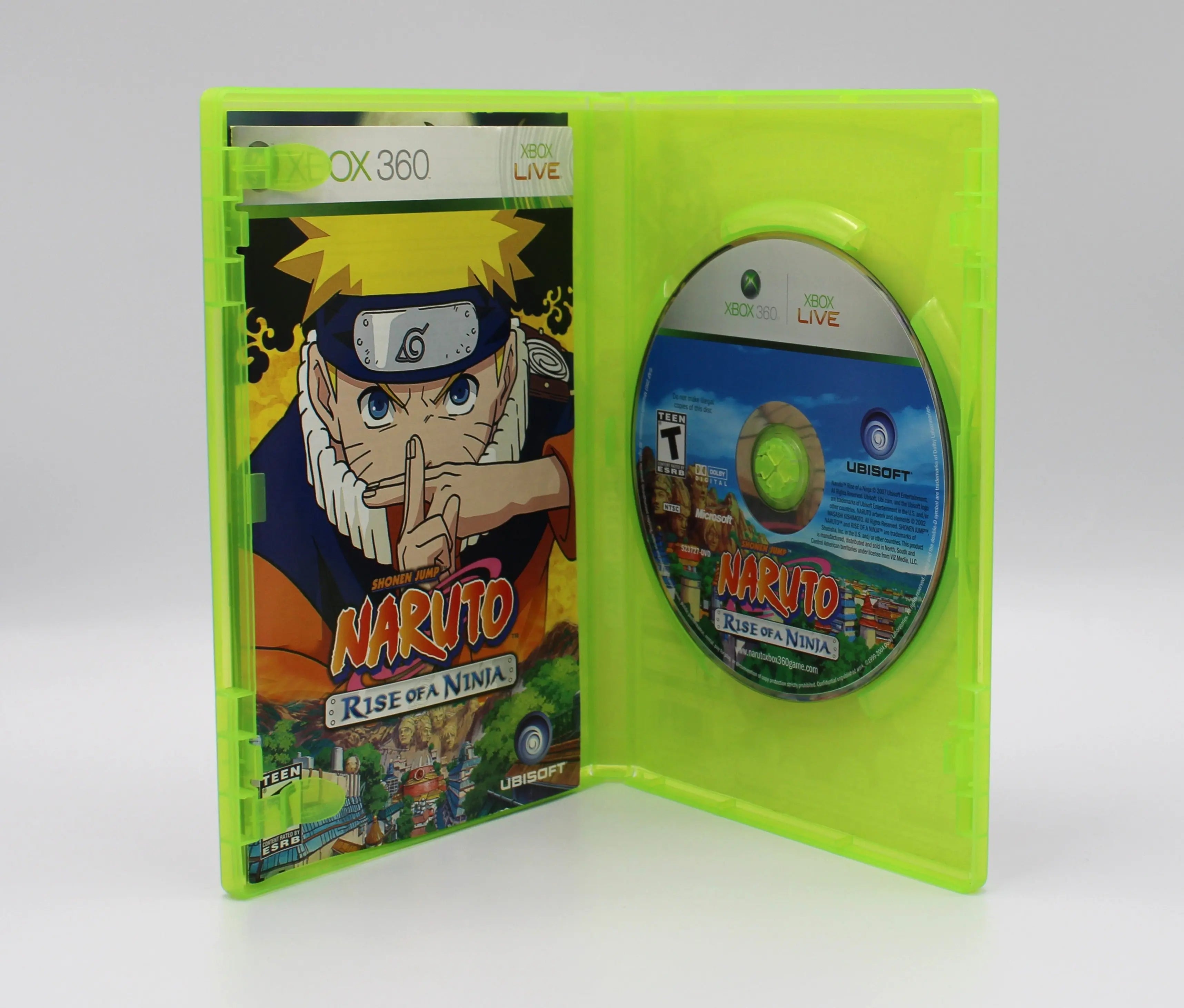 Open case view of Naruto: Rise of a Ninja for Microsoft Xbox 360 NTSC-U, showing manual placement and game disc secured in tray.