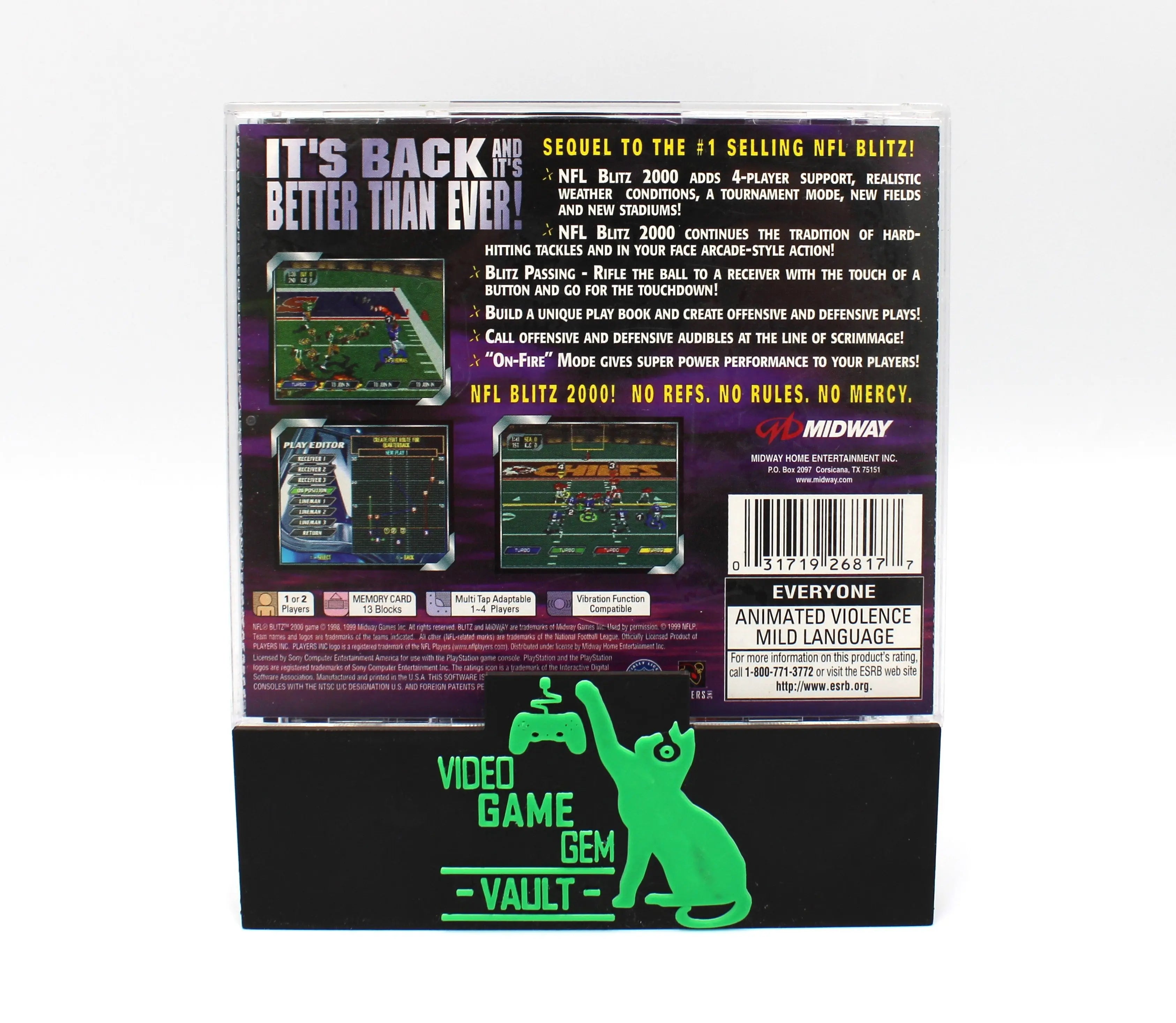 For sale is a black label game copy of NFL Blitz 2000 for Sony PlayStation 1, PS1. Football. CIB with Reg Card. See picture of back cover.