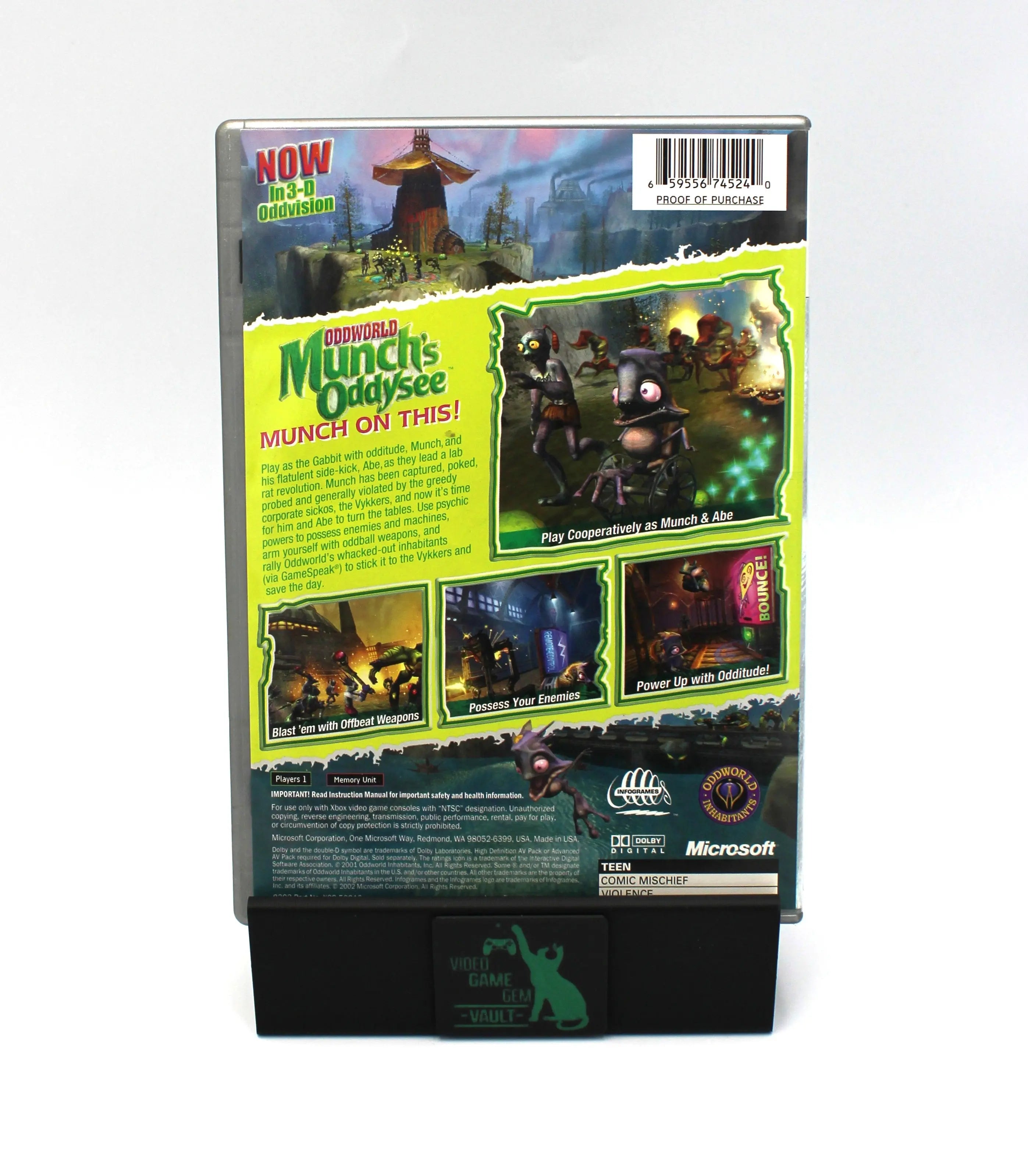 Back cover of the case for Oddworld: Munch’s Oddysee Platinum Hits for Microsoft Xbox Original – CIB with Manual (2001) NTSC‑U, showing gameplay screenshots, system requirements, ESRB rating, and the Platinum Hits banner.