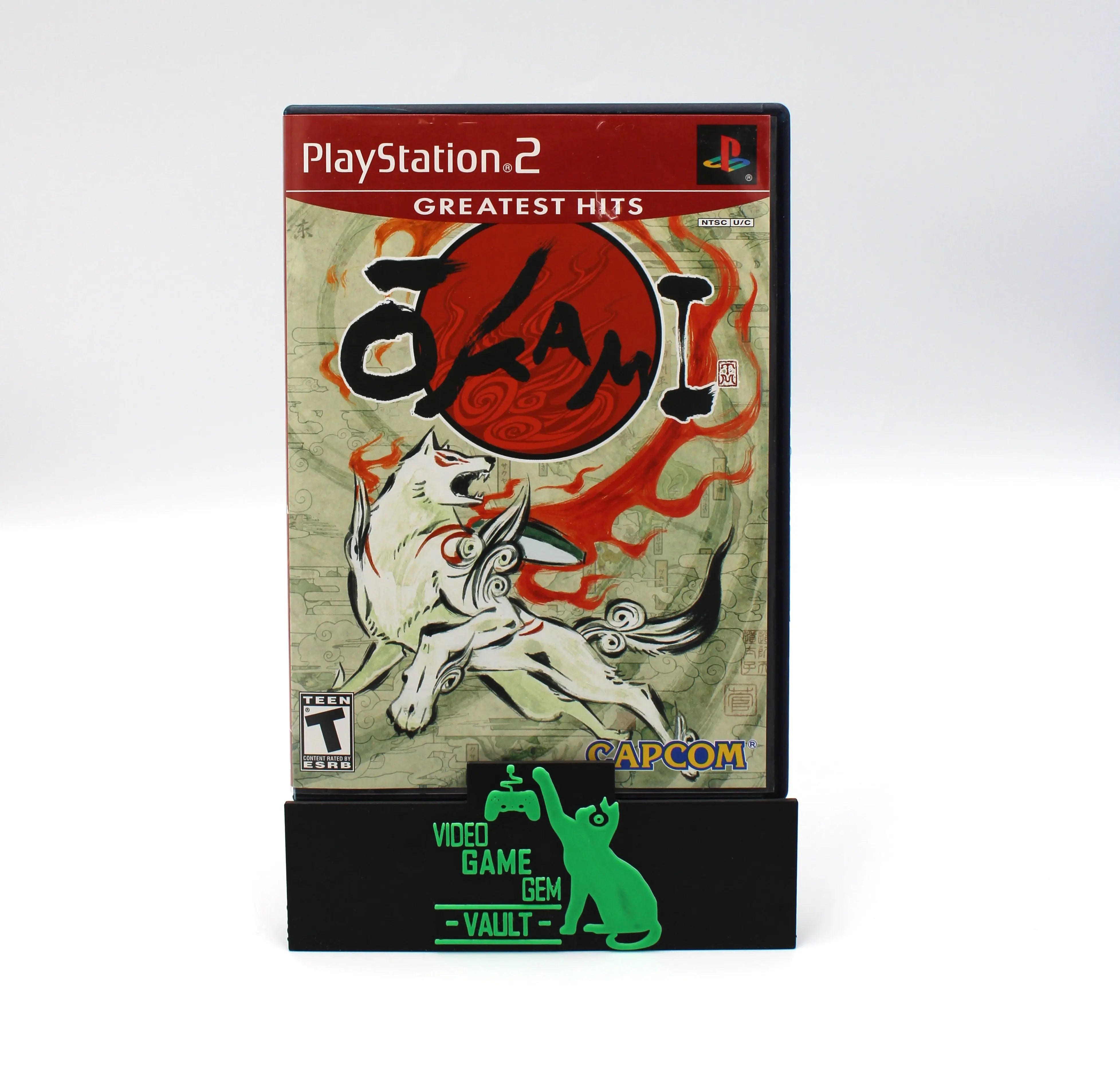 Front cover image of Ōkami for the Sony PlayStation 2. Clean case and crisp artwork shown with clear text and colors. Greatest Hits NTSC-U edition.