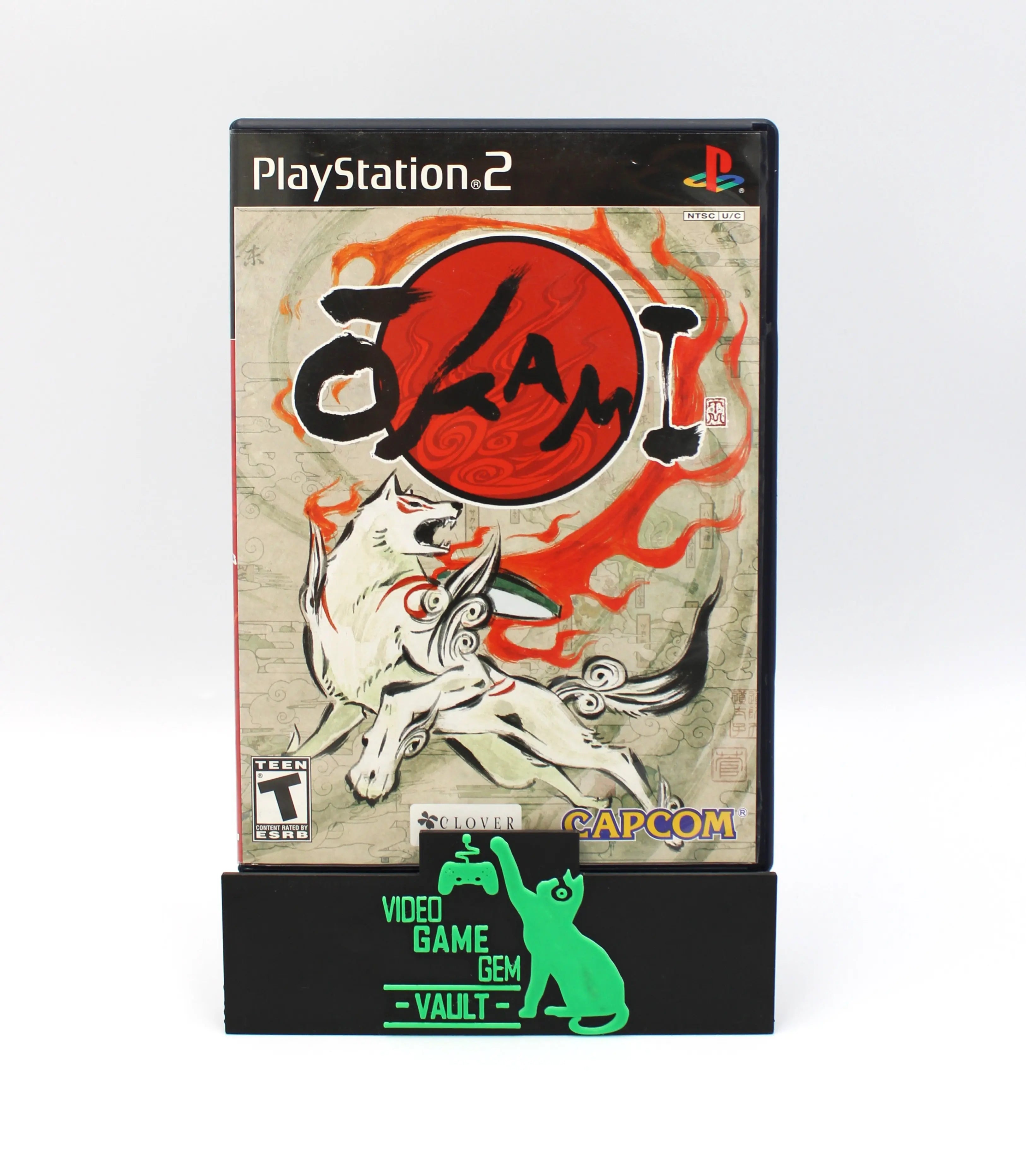 Front cover view of authentic Okami PS2 game case, NTSC-U region, original Capcom artwork and PlayStation 2 branding visible on a clean white background.