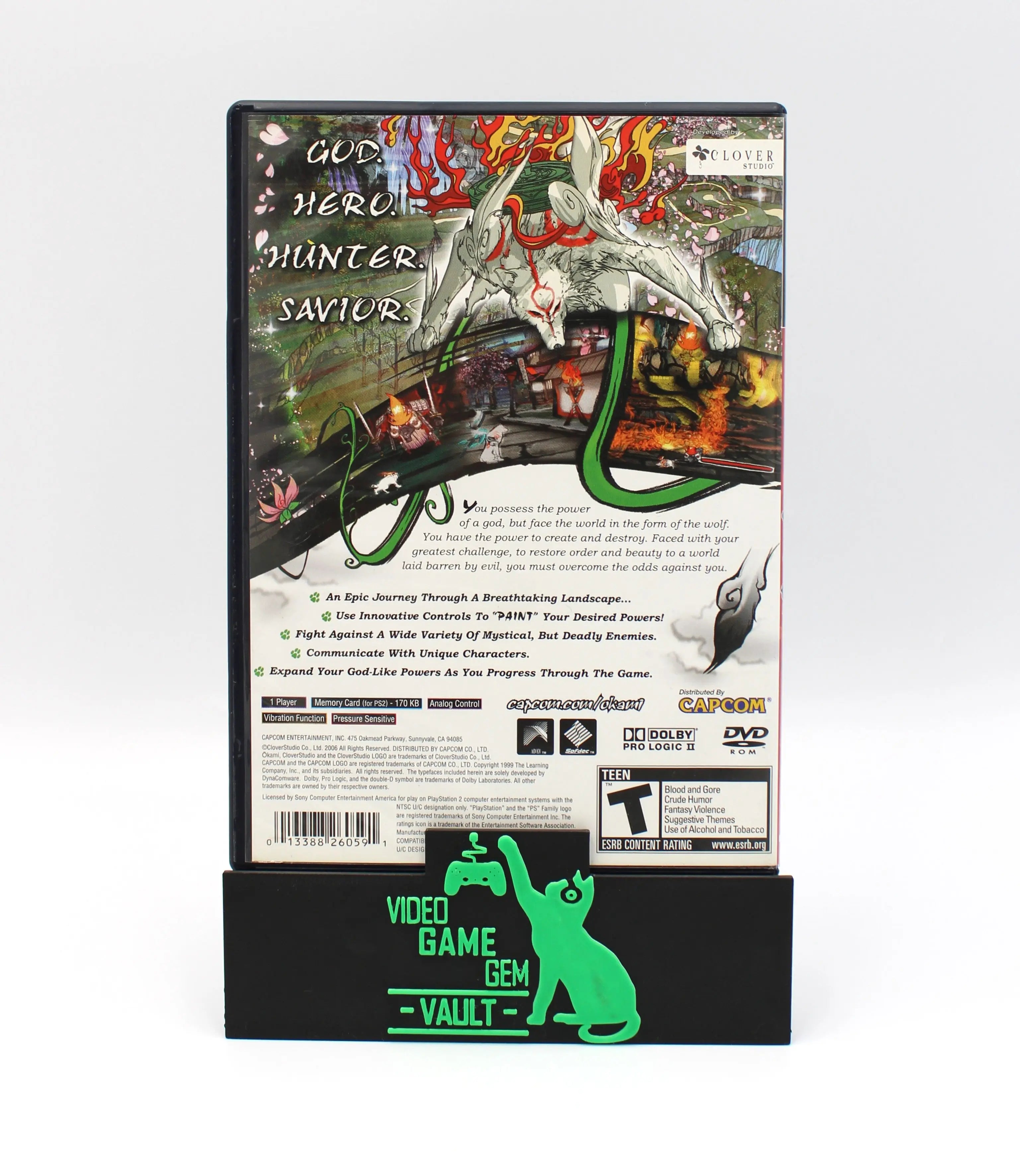 Back cover of Okami PS2 black label edition, NTSC-U region, showing game description, screenshots, and official Capcom branding.