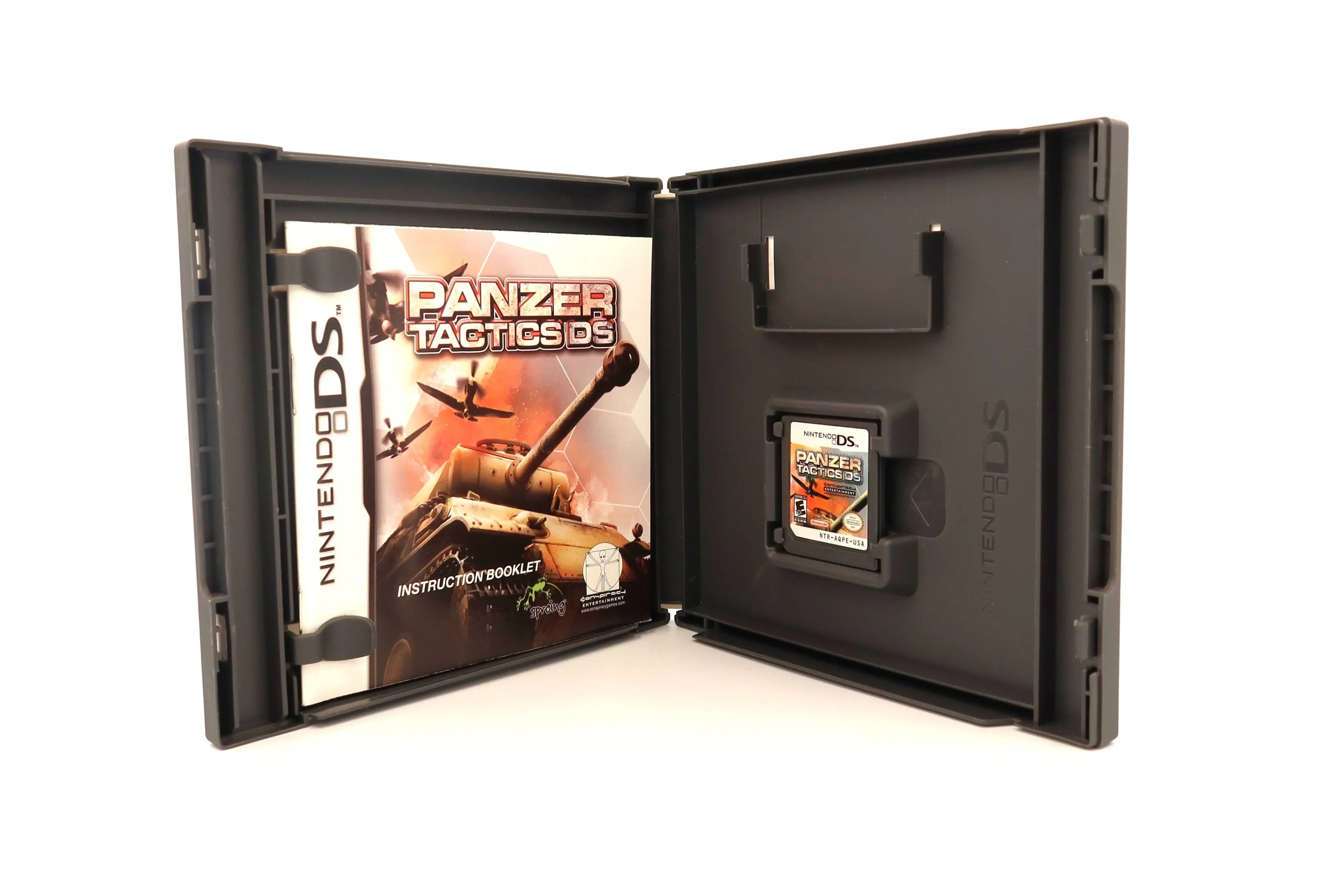 Opened case of Panzer Tactics DS for Nintendo DS, authentic NTSC-U game cartridge with original manual and health and safety insert.