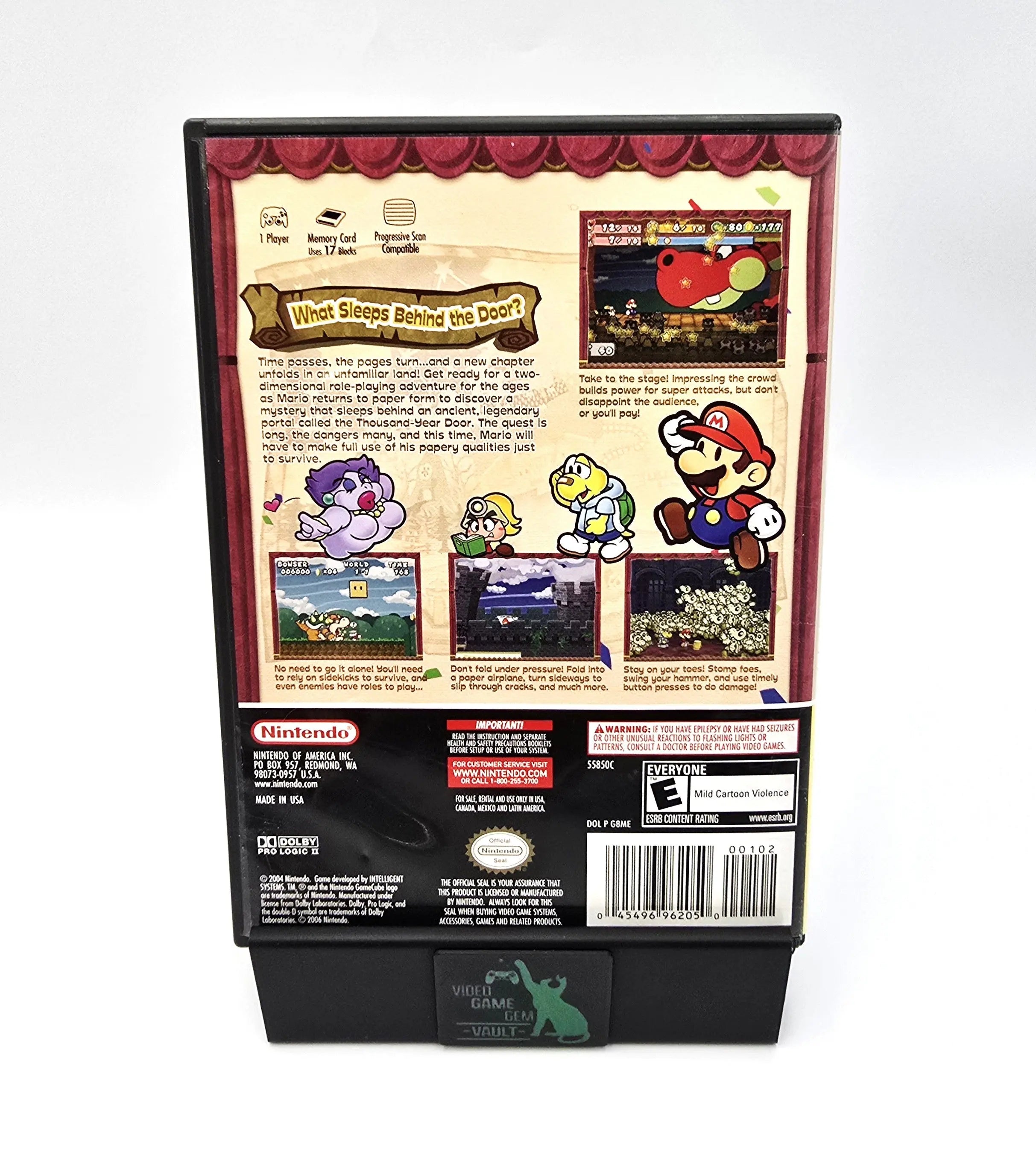 Back cover of Paper Mario: The Thousand-Year Door Player’s Choice Best Seller variant for Nintendo GameCube NTSC-U, showing game description, screenshots, and official Nintendo branding.