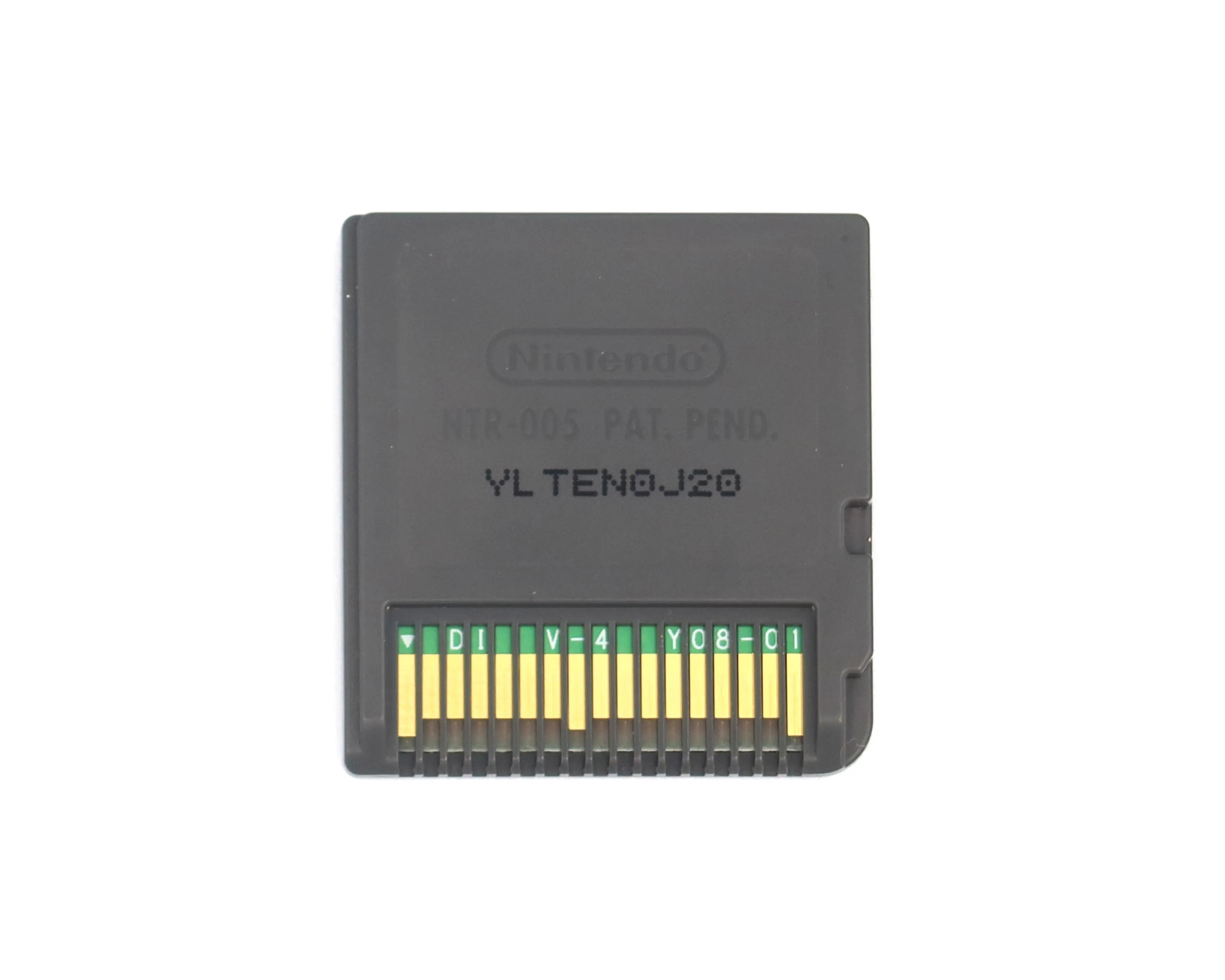 Back view of Professor Layton and the Diabolical Box for Nintendo DS authentic NTSC-U video game cartridge label. The back of the game cartridge is clear highlighting correct numerical codes that match Nintendo authenticity. Polished pins and Nintendo  text on a white backdrop.