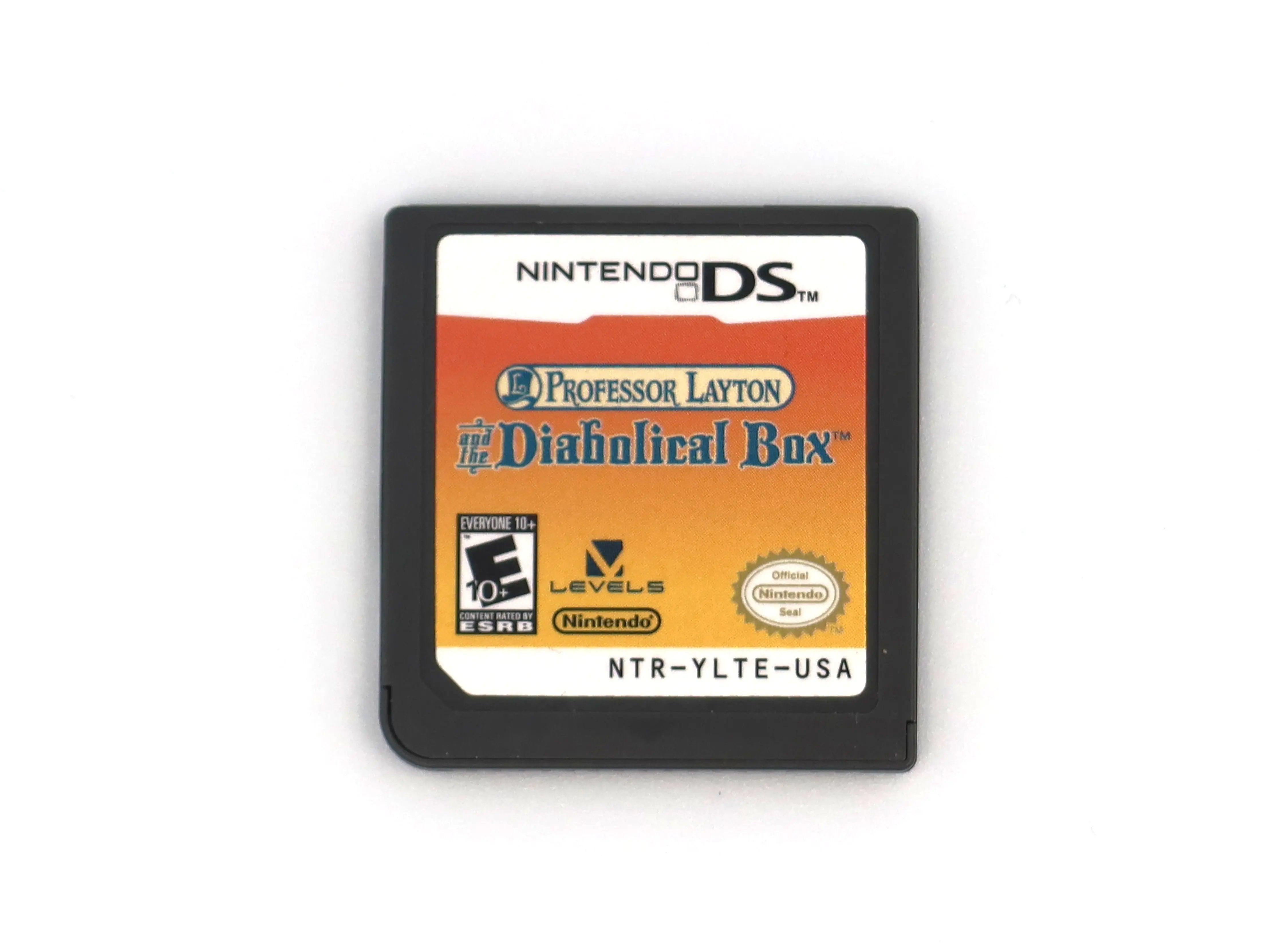 Front view of Professor Layton and the Diabolical Box for Nintendo DS authentic NTSC-U video game cartridge label. The label is clear and intact highlighting Nintendo's SOQ, product code, orange and yellow color, and game titled text.