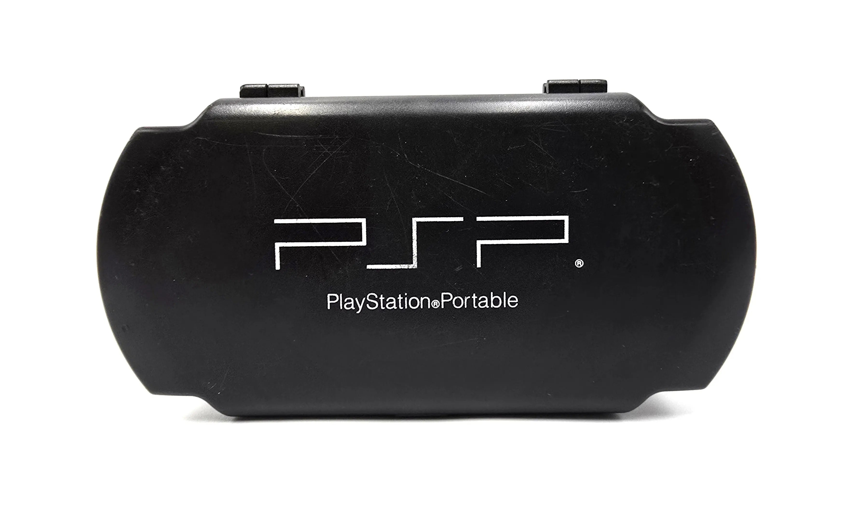 Front view of Sony PlayStation Portable PSP OEM UMD carrying case with PSP logo printed in white. There are some scuffs/scratches present from use.