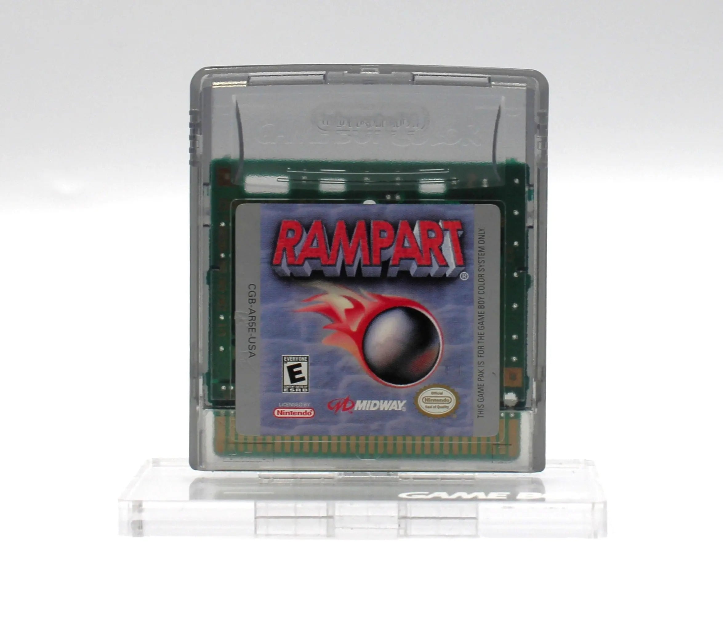 Front shell view of Rampart for Nintendo Game Boy Color GBC – Authentic Game Cartridge (1999) NTSC‑U, showing label condition and authentic molding details.