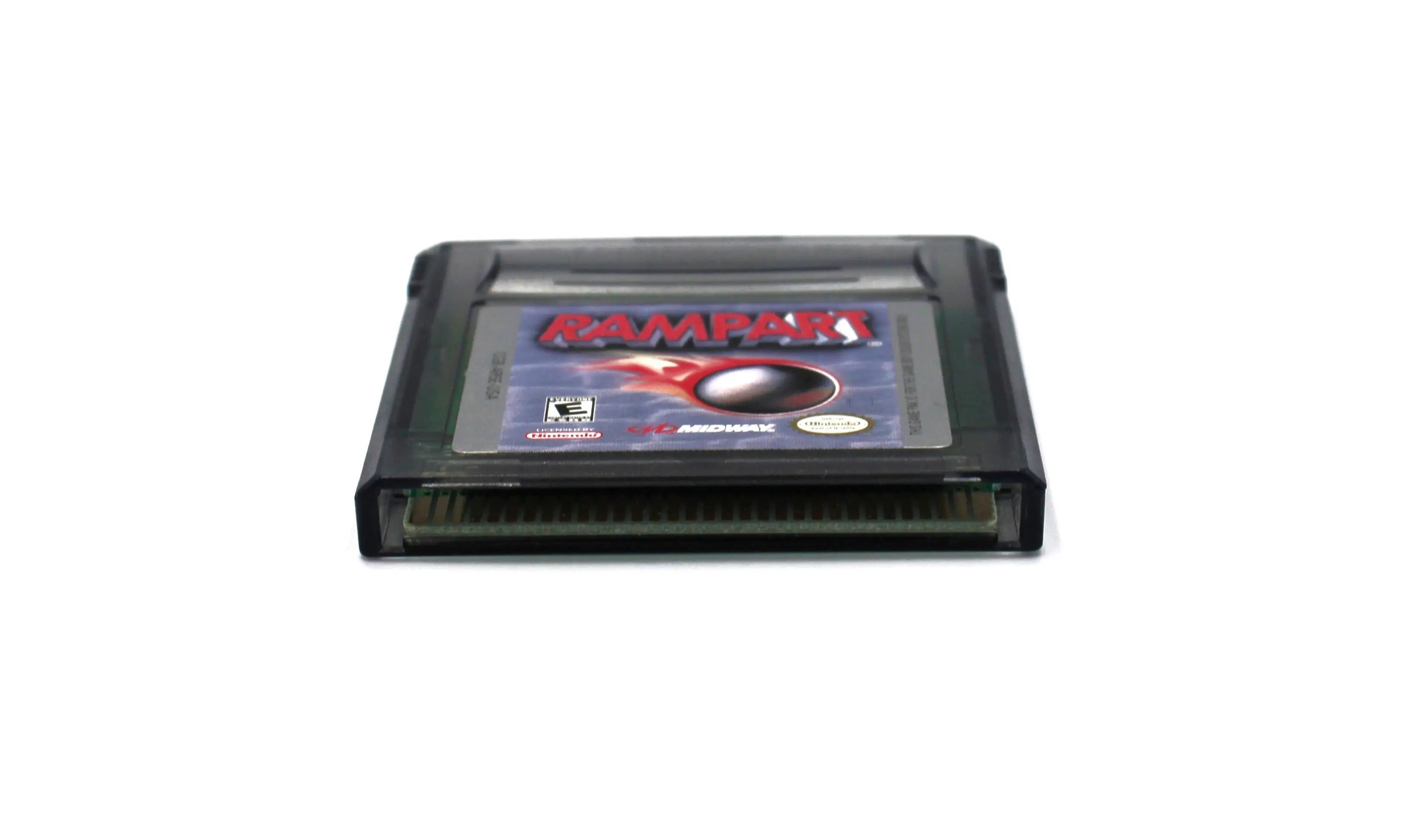 Bottom edge view of Rampart for Nintendo Game Boy Color GBC – Authentic Game Cartridge (1999) NTSC‑U, showing clean, authentic pin connector and internal board fit.
