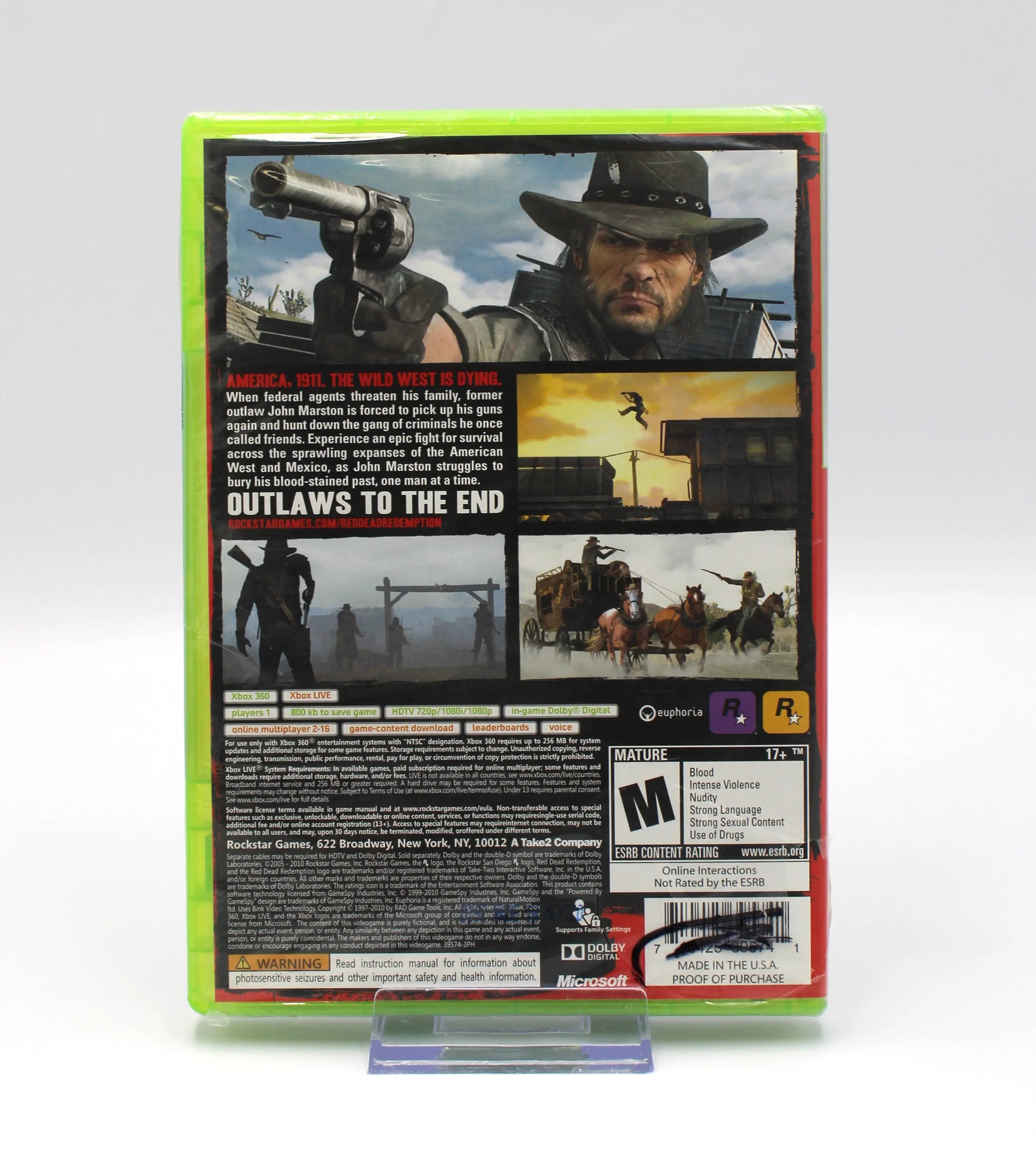 Back cover of Red Dead Redemption for Microsoft Xbox 360 NTSC-U sealed Platinum Hits game case, displaying game description, features, and factory seal condition with tear to back of case on bottom and sharpie on UPC area seal.