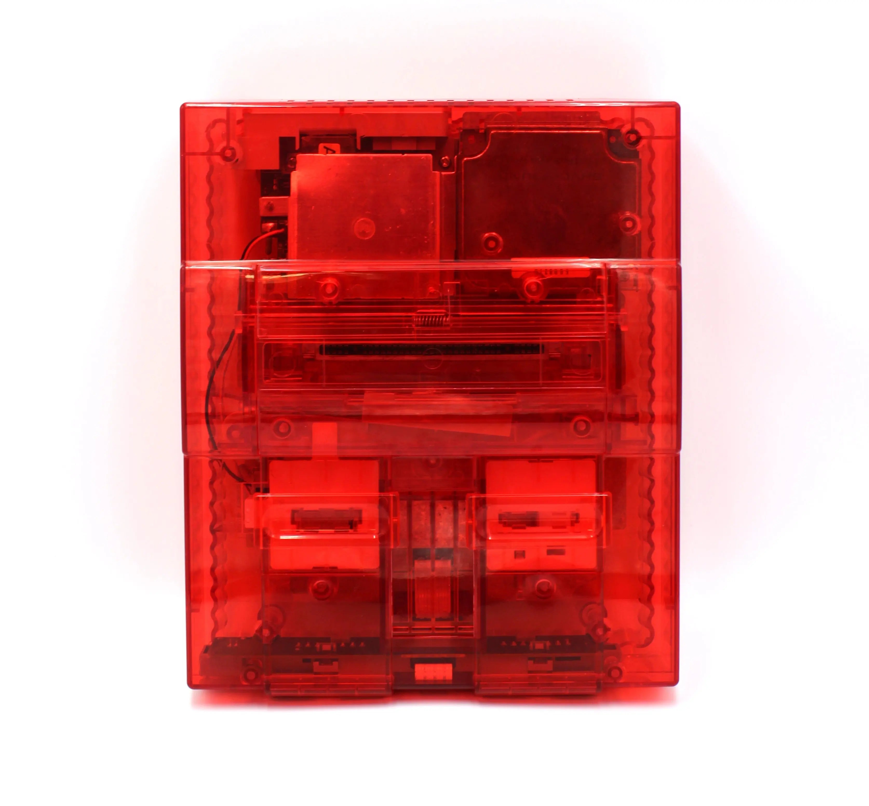 SNES Console Top View: Refurbished Super Nintendo SNES with OEM controller and cables. 1991 NTSC-U console with a new translucent red shell motherboard. Image of top of the SNES showing a cartridge slot, power button,  and reset button.