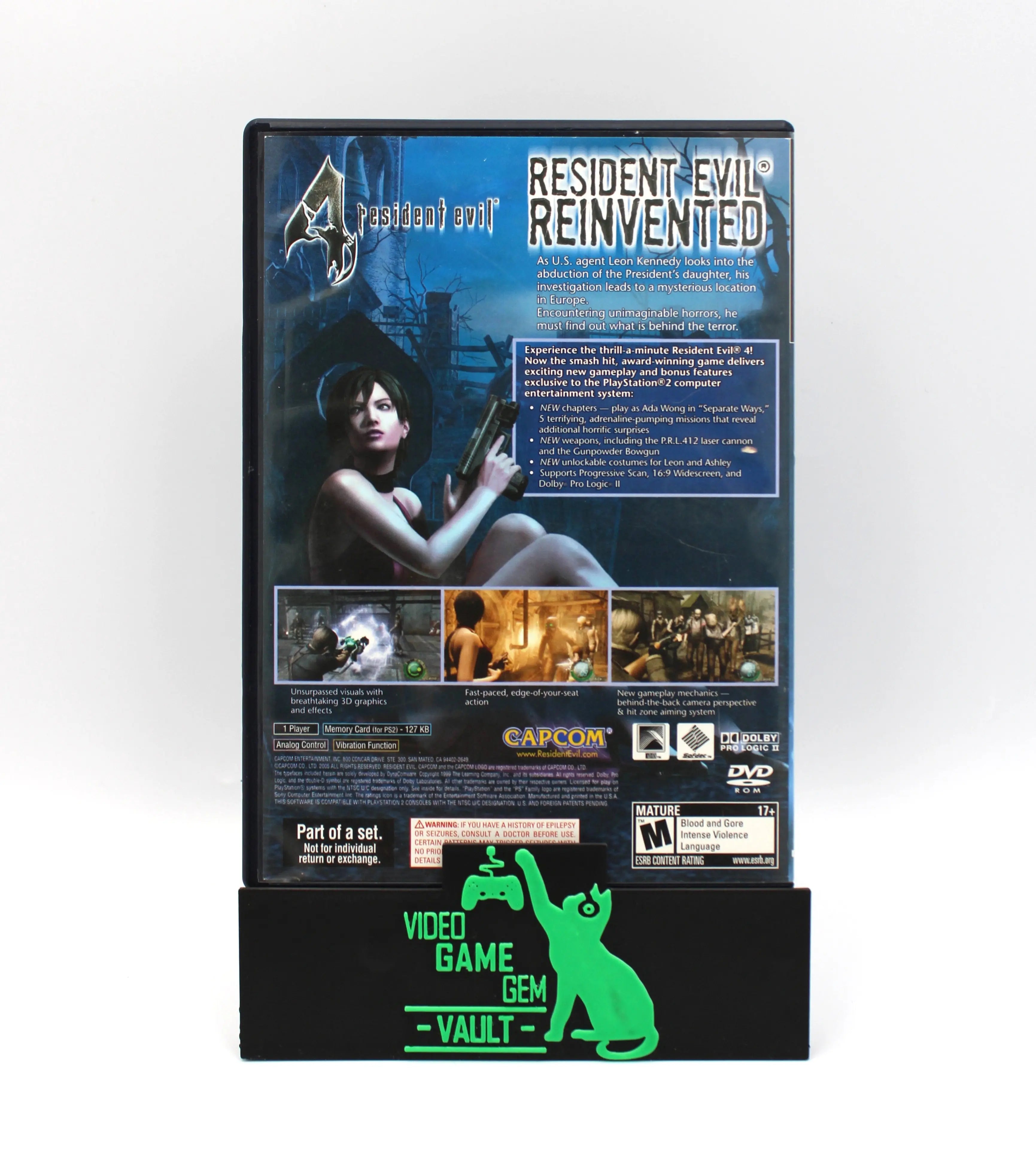 “Back cover of black label Resident Evil 4 for PS2 (2005) – CIB, Part of a Set version – NTSC‑U, detailing game synopsis, and Part of a Set text where UPC usually is, ESRB M rating, and condition.”