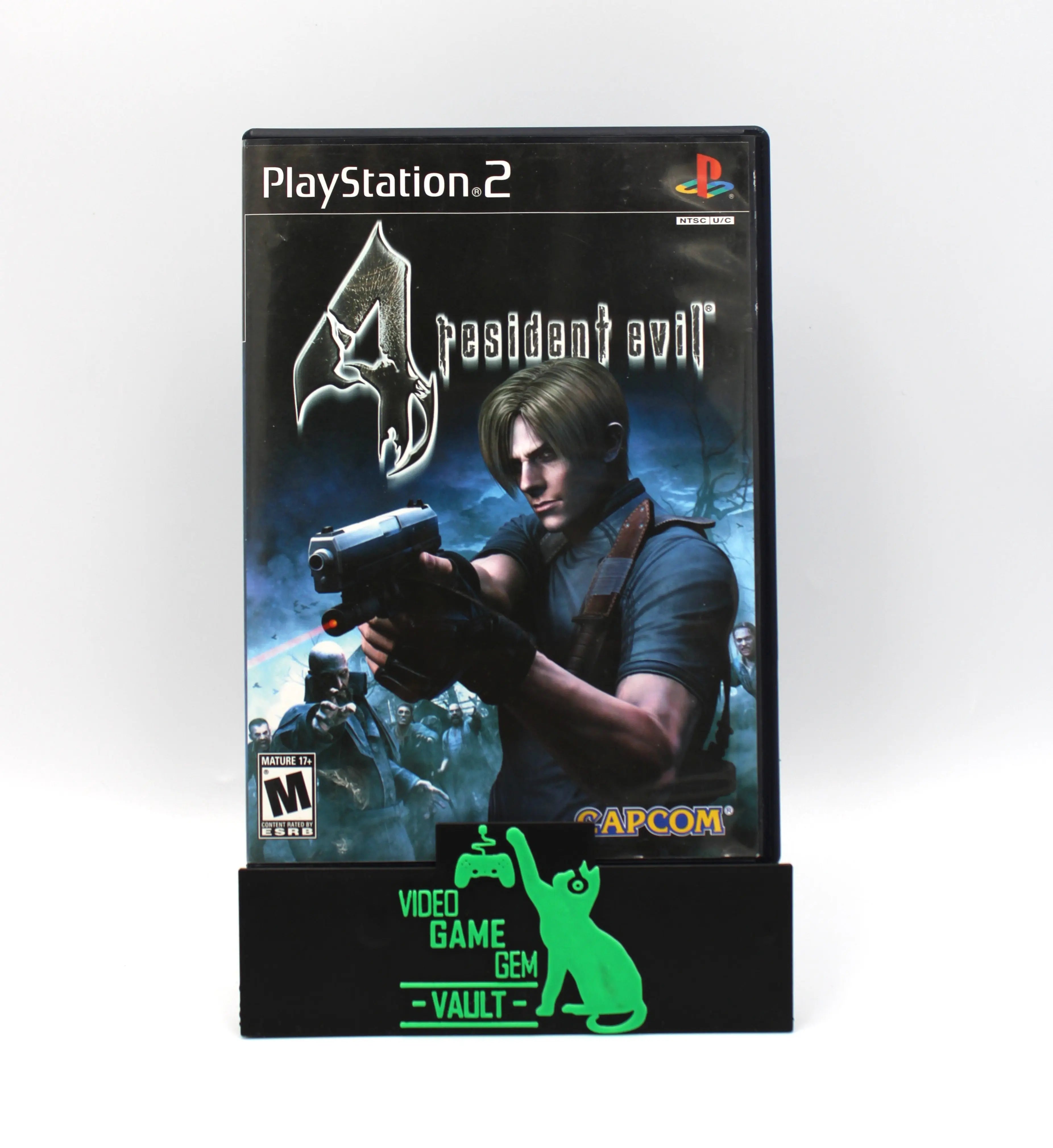 “Close‑up of the front cover artwork on the Resident Evil 4 black label (PS2 CIB, 2005) case – NTSC‑U, Part of a Set, showing cover art and overall condition.”