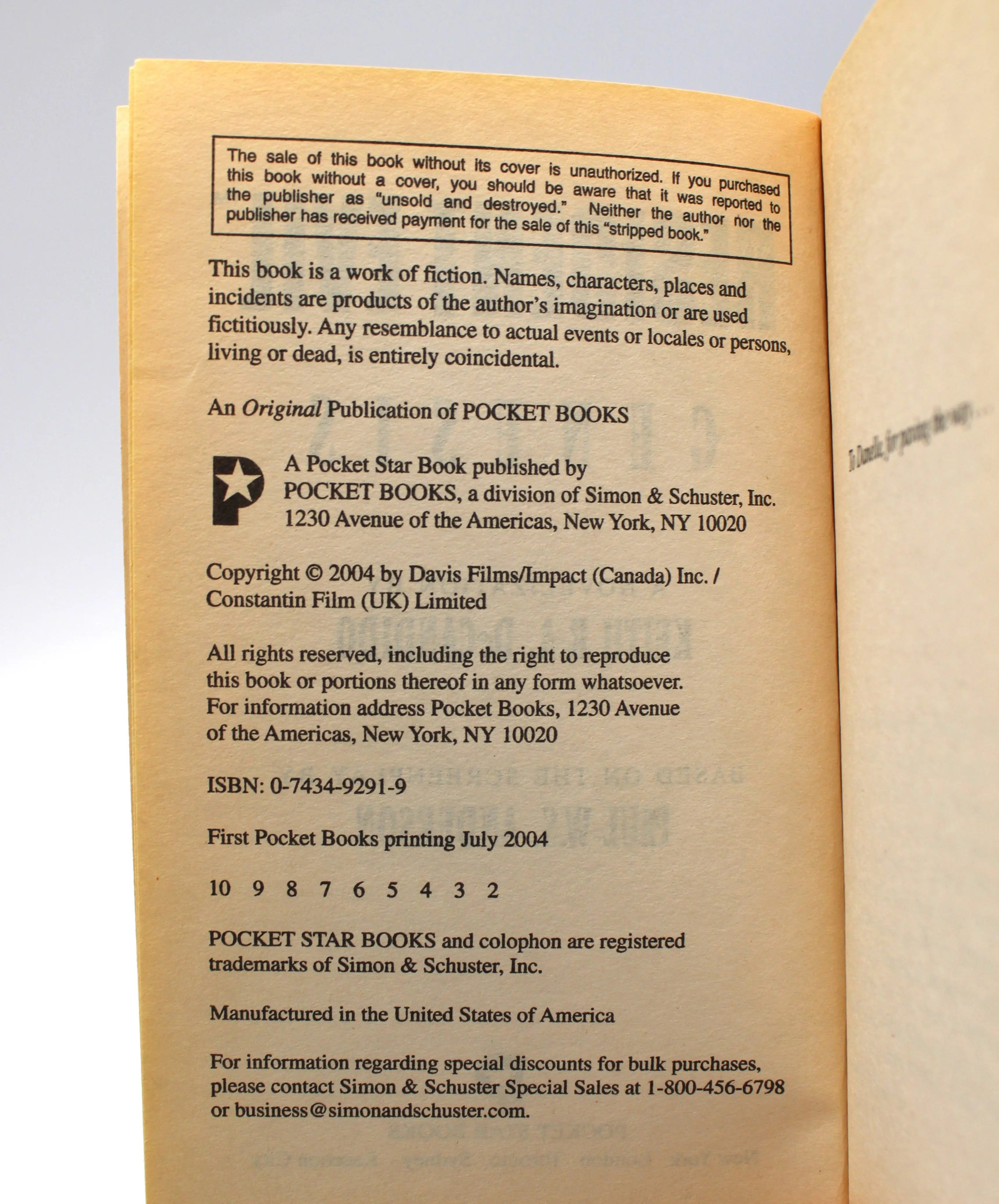 Copyright page of Resident Evil: Genesis by Keith R.A. DeCandido showing “First Pocket Books Printing July 2004” with full number line confirming first print.