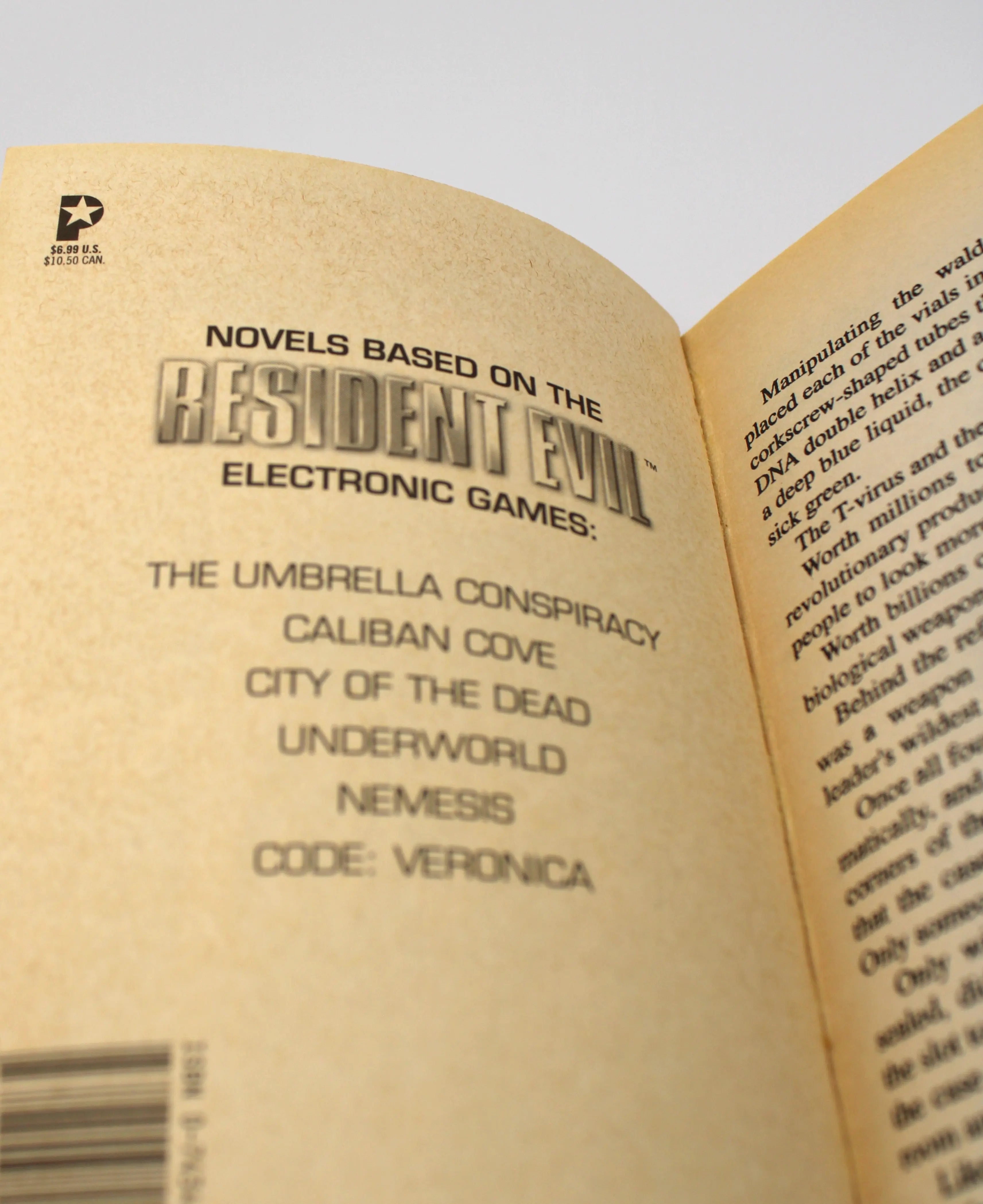 Resident Evil: Genesis interior page listing other Resident Evil book titles based on Capcom games: The Umbrella Conspiracy, Caliban Cove, Code: Veronica, and more.