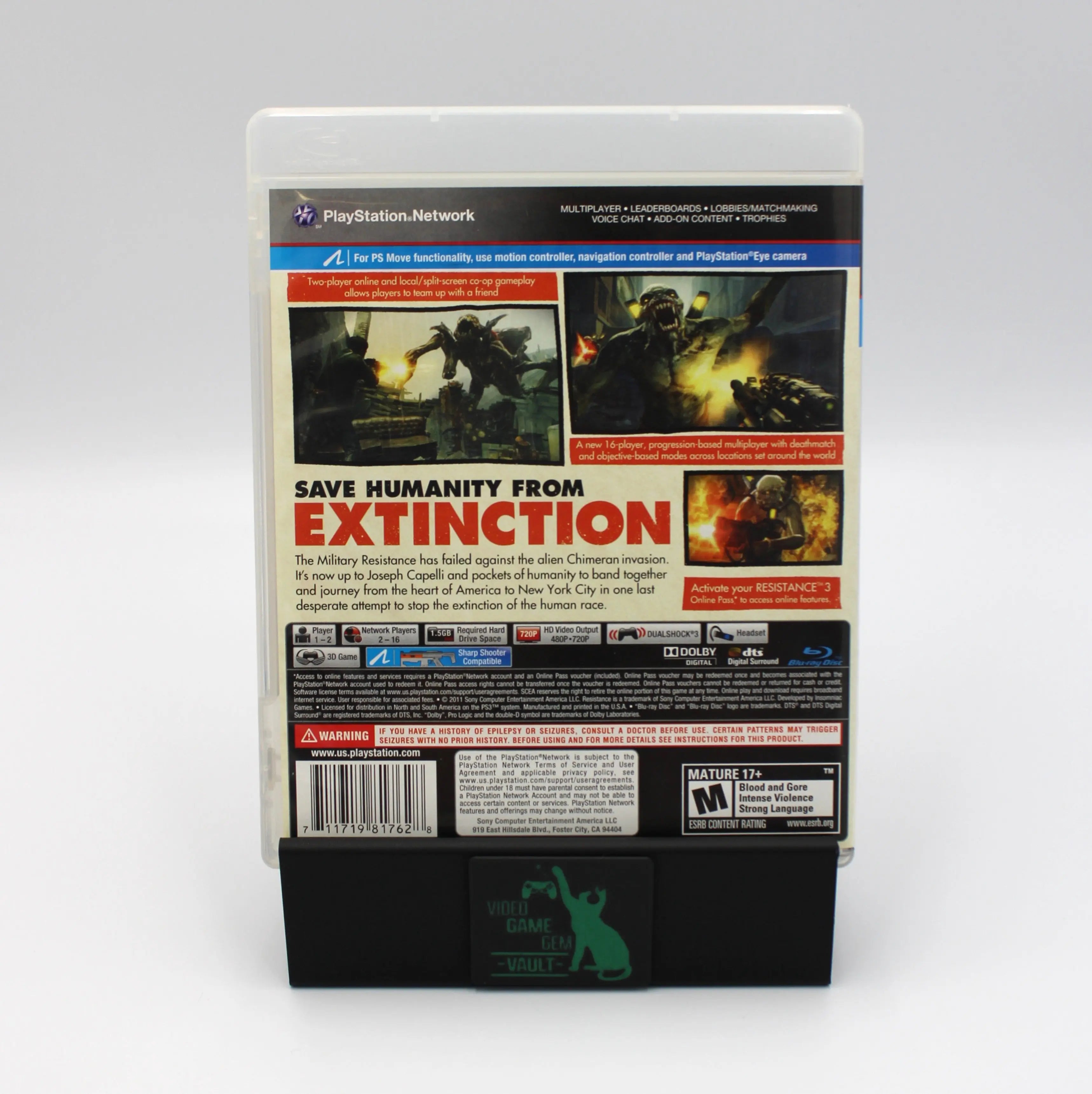 Back cover of Resistance 3 for PS3 NTSC-U, displaying game description, screenshots, and Mature ESRB rating summary.