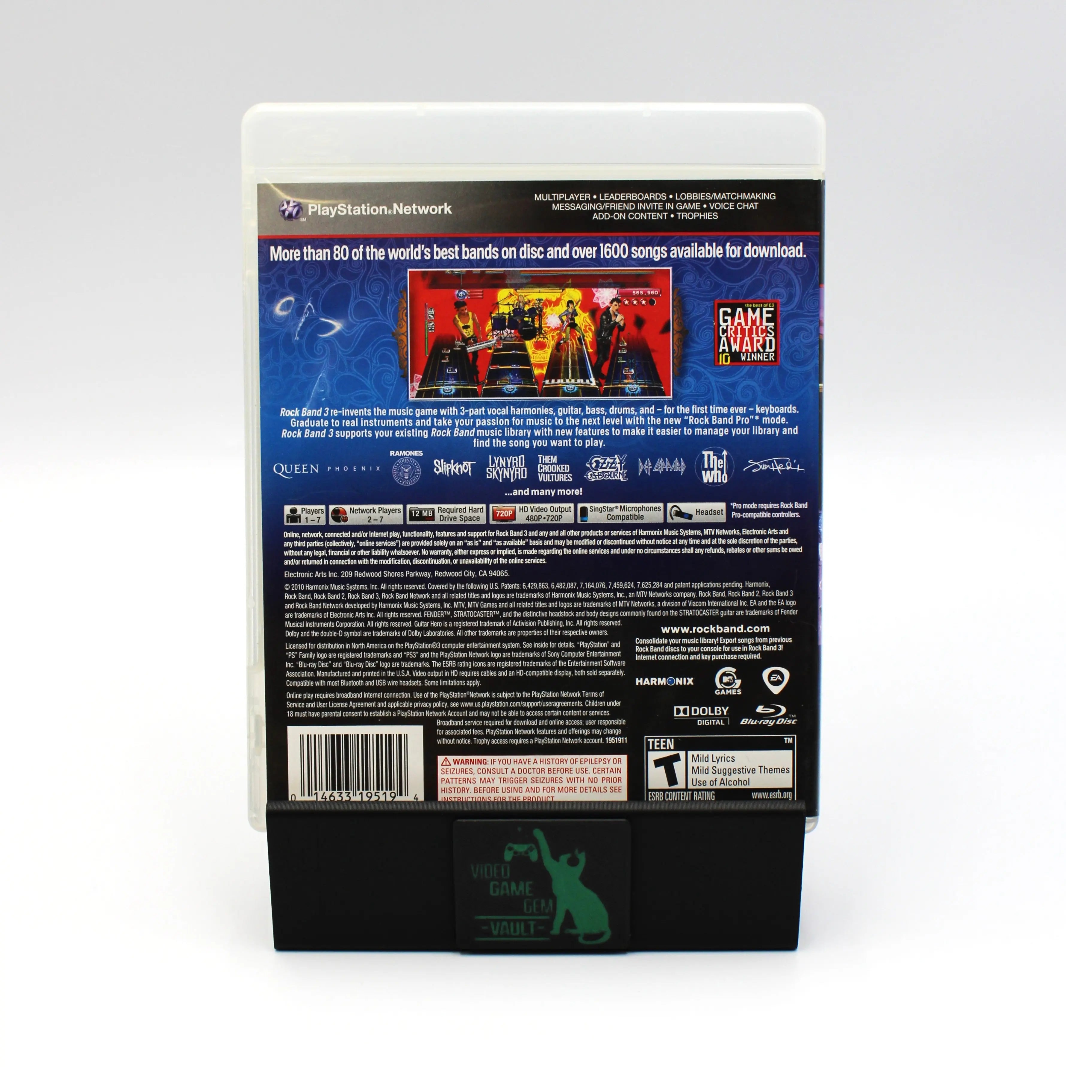 Back cover of Rock Band 3 for Sony PlayStation 3 PS3 – Complete in Box (2010) NTSC-U. Shows gameplay screenshot, music artist lineup, and download content info. UPC and ESRB rating visible.