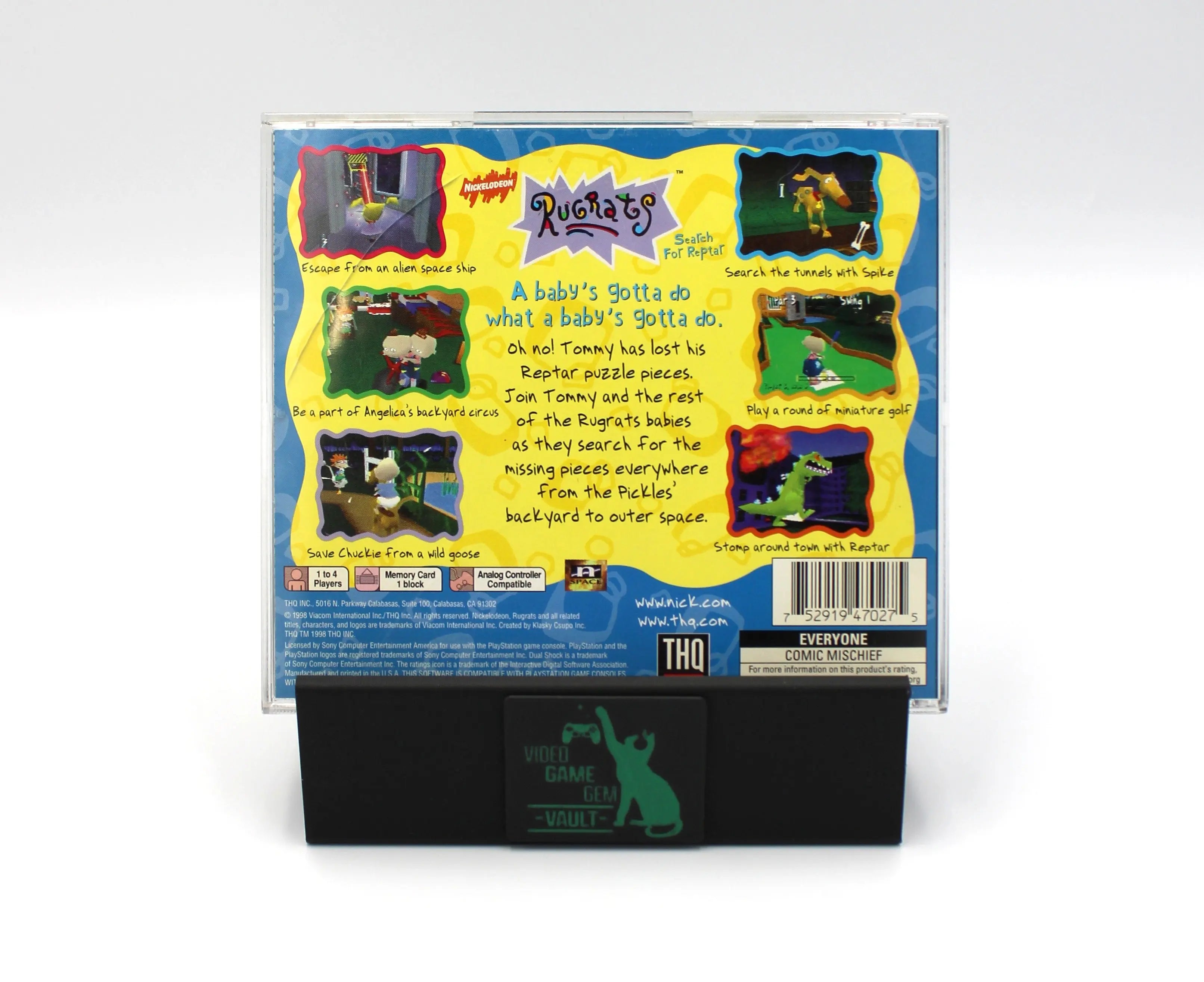 Back cover: Back cover of Rugrats: Search for Reptar for Sony PlayStation 1 (PS1) – CIB with Registration Card (1998) NTSC-U, black label edition, showing game description, screenshots, and system information.