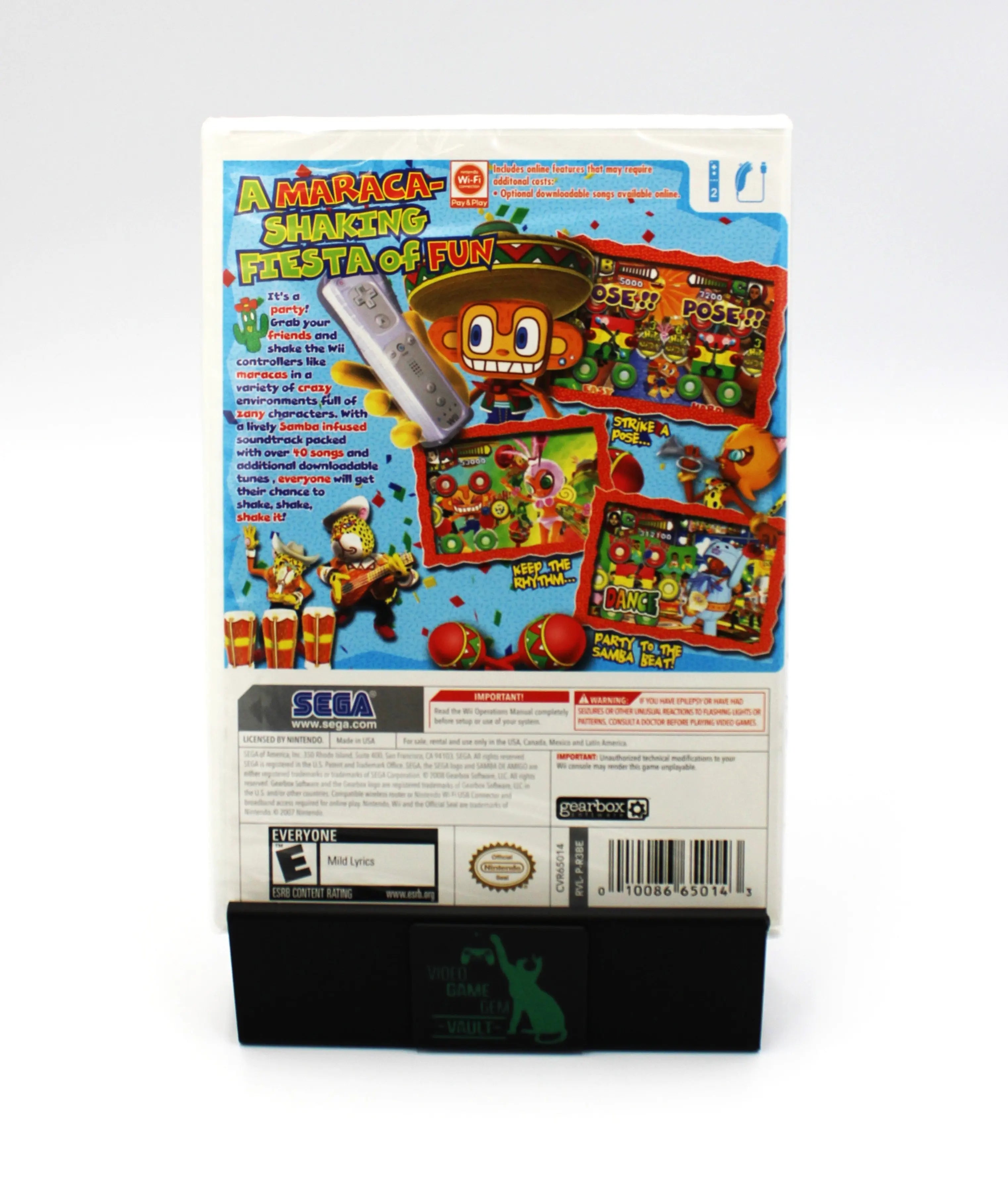 Back cover view of Samba de Amigo for Nintendo Wii – NTSC-U (2008), brand new and sealed in original factory packaging, displaying game description, UPC barcode, game summary, screenshots, features, and official Sega branding.